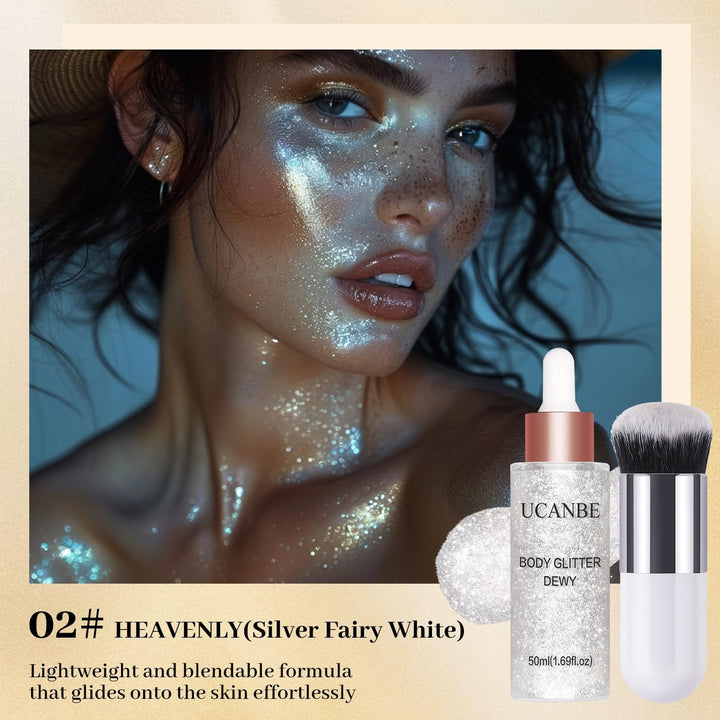 UCANBE Face Body Glitter Liquid Highlighter Illuminator Dewy Drops with Makeup Brush, Makeup Sparkle Shine Luminizer Enhancer Skin Body Shimmer Tint 50ml/1.69oz (02 Silver Fairy White, Standard)