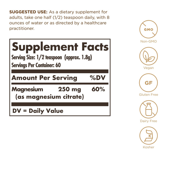 Solgar Magnesium Citrate Powder - 3.8 oz - Vegan, Gluten & Dairy Free - Approx. 60 Servings