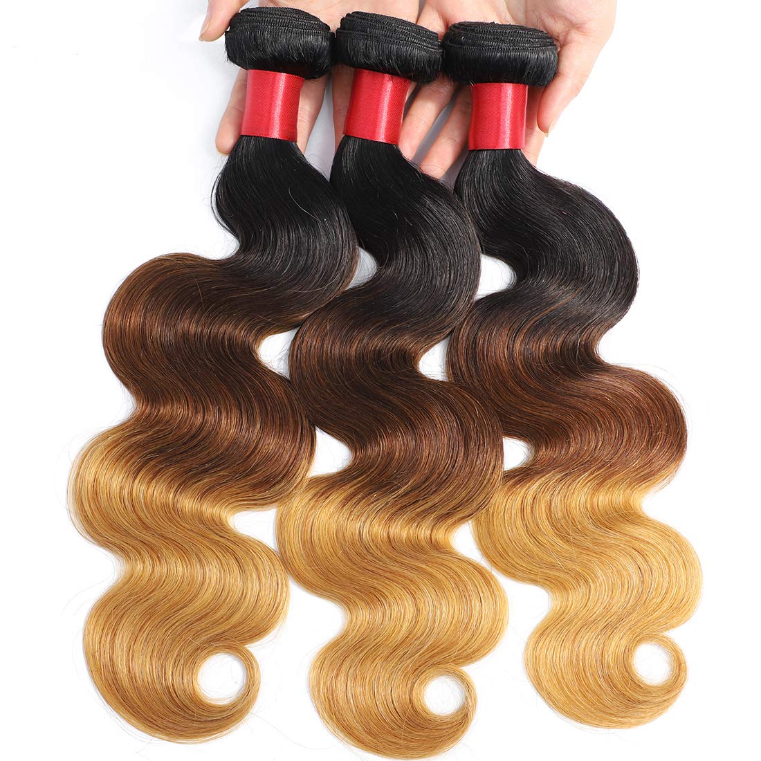AUTTO Hair Ombre Brazilian Hair Body Wave 3 Bundles 1B/4/27 Virgin Human Hair Extensions 3 Tone Virgin Hair Body Wave Weaves (1B/4/27,121416)