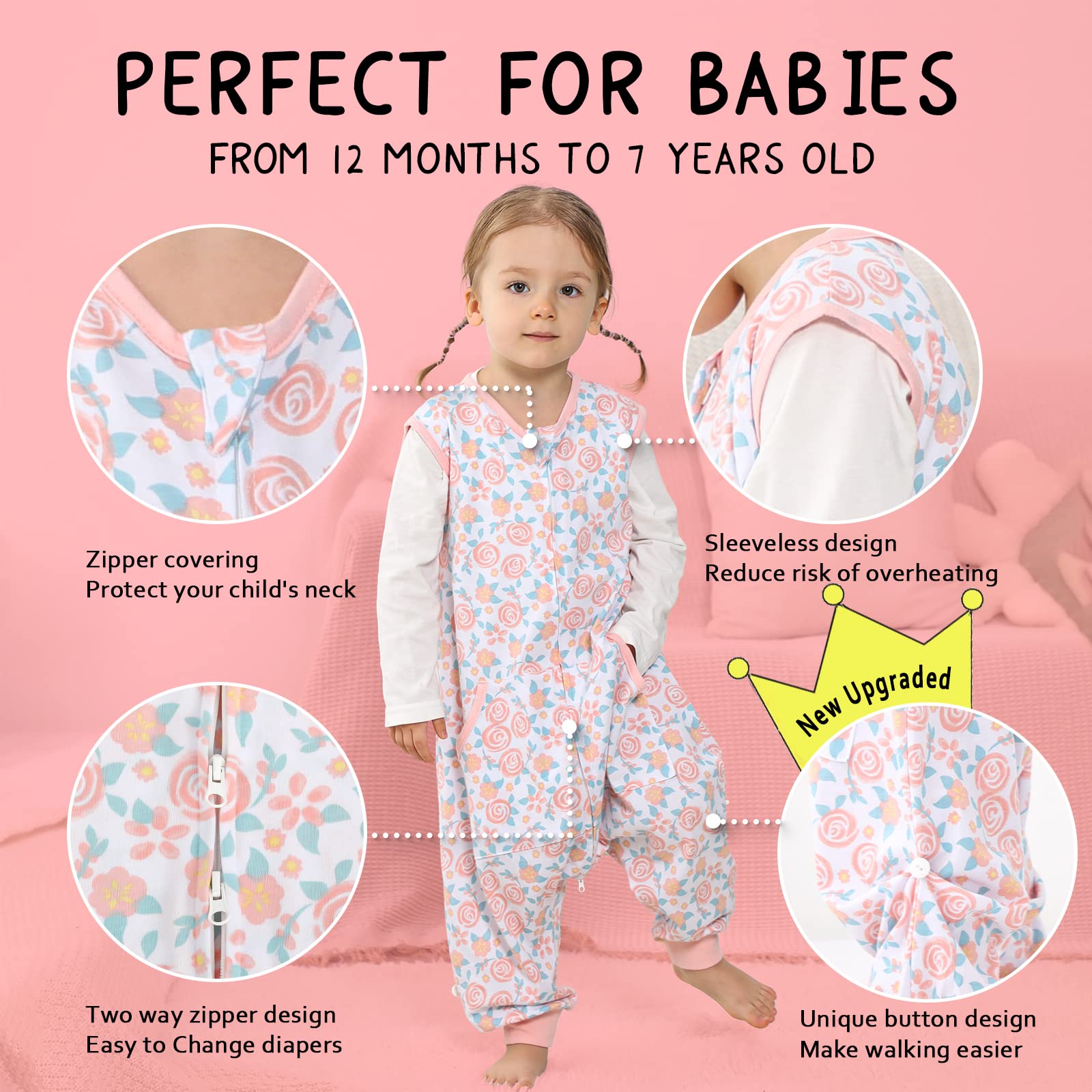 WONDAY Toddler Sleep Sack, Sleep Sack 2t-3t, Sleep Sack Baby Wearable Blanket, Sleeping Bag Toddler Baby Sleep Sacks with Feet, Sleeveless Soft Toddler Sleeping Sack Rose