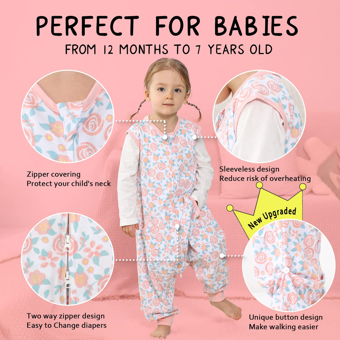 WONDAY Toddler Sleep Sack, Sleep Sack 2t-3t, Sleep Sack Baby Wearable Blanket, Sleeping Bag Toddler Baby Sleep Sacks with Feet, Sleeveless Soft Toddler Sleeping Sack Rose