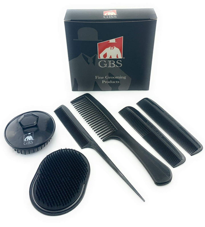 G.B.S 6 Pieces Black 5in Course Fine Pocket Rat Tail Comb Palm Portable Beard Shower Shampoo, Scalp Massage Brush 8.5in Comb 8.5in Tangle Travel Light Weight Head Scrubber