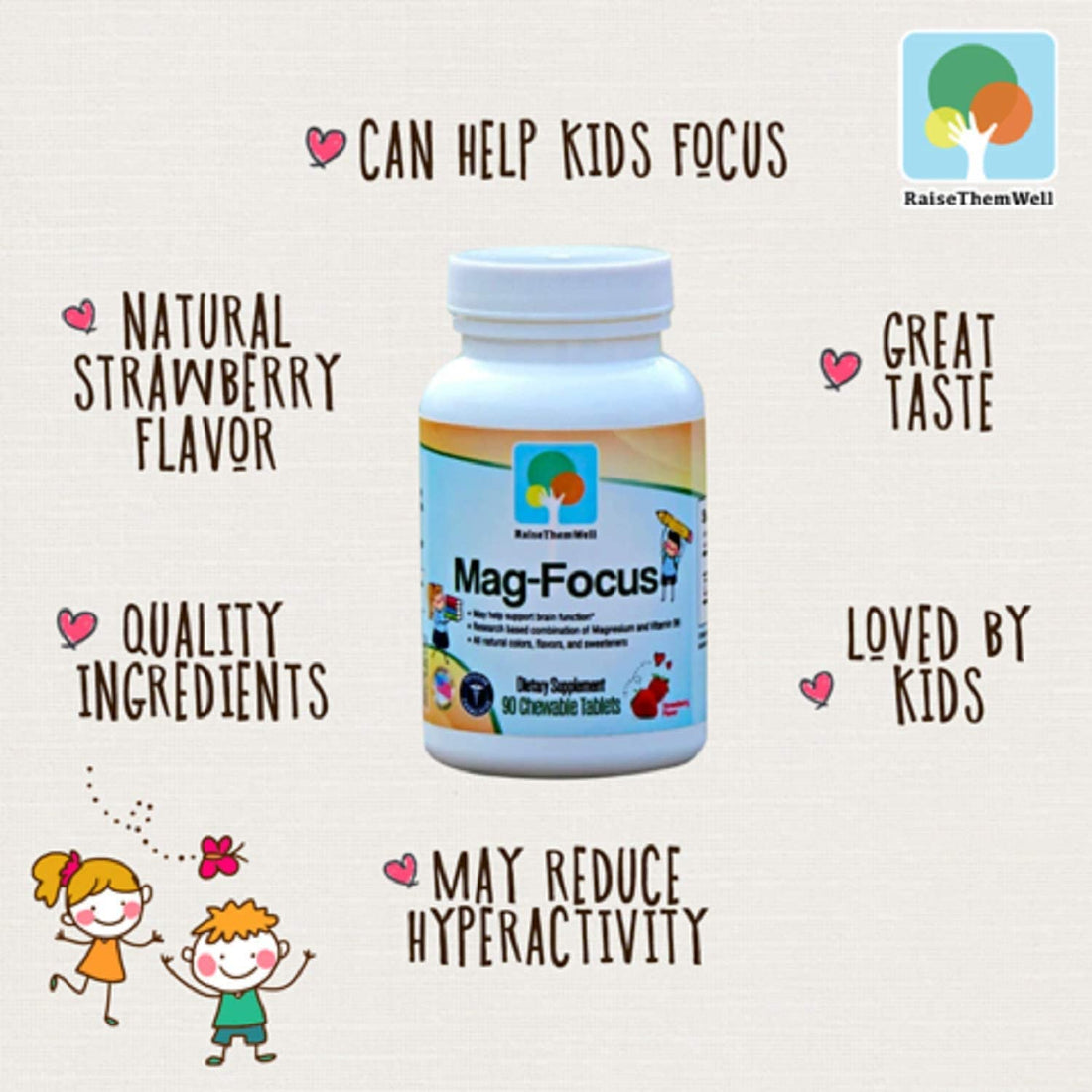 Raise Them Well Magnesium Focus Supplement for Kids | Natural Strawberry Flavored | 90 Chewable Tablets