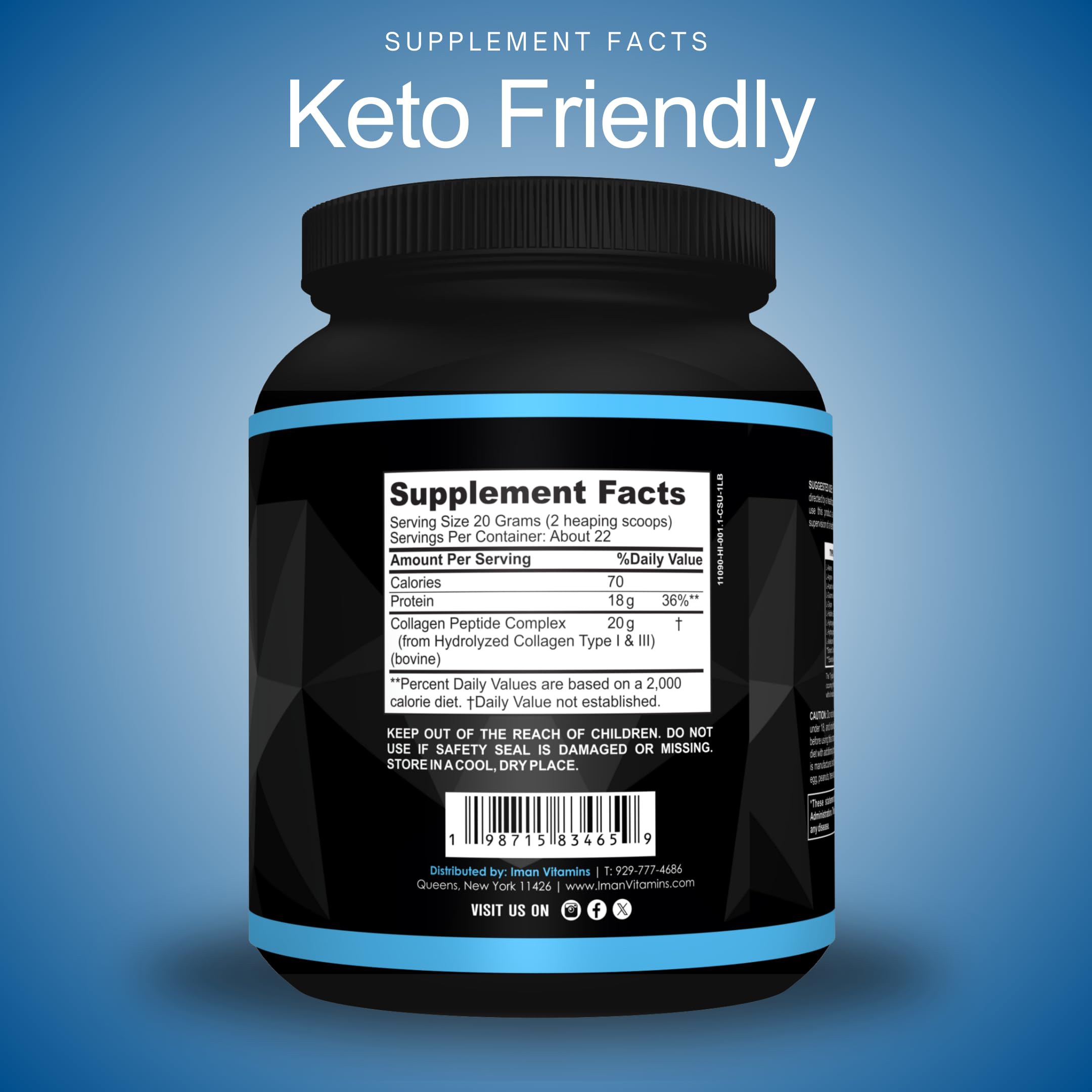 Iman Vitamins Halal Collagen Peptides Powder, 1 lb, Non-GMO, Keto Friendly, 18g Protein, Skin, Hair, Nail and Joint Support, 20 Grams of Collagen Per Serving, 16oz