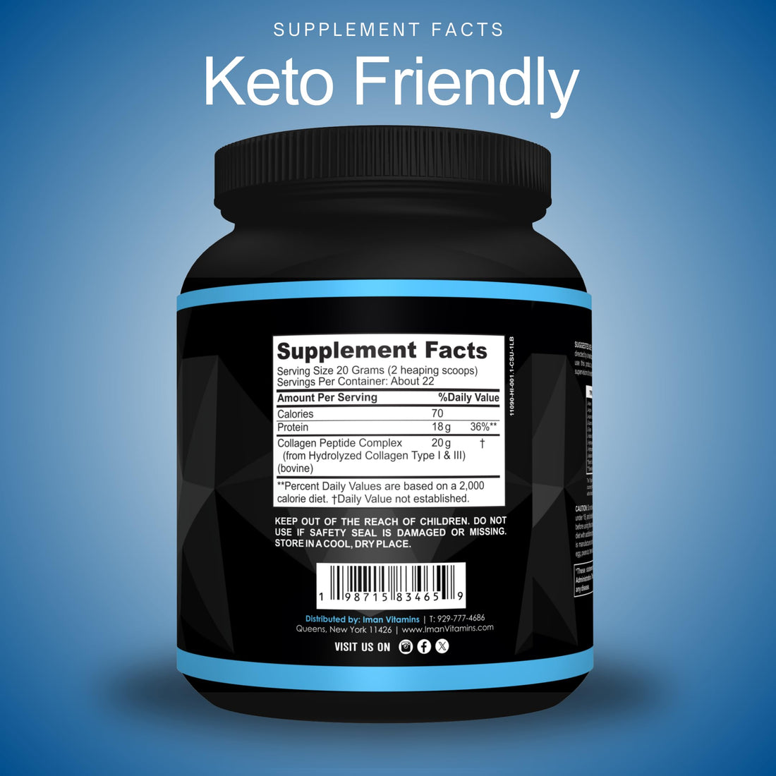 Iman Vitamins Halal Collagen Peptides Powder, 1 lb, Non-GMO, Keto Friendly, 18g Protein, Skin, Hair, Nail and Joint Support, 20 Grams of Collagen Per Serving, 16oz