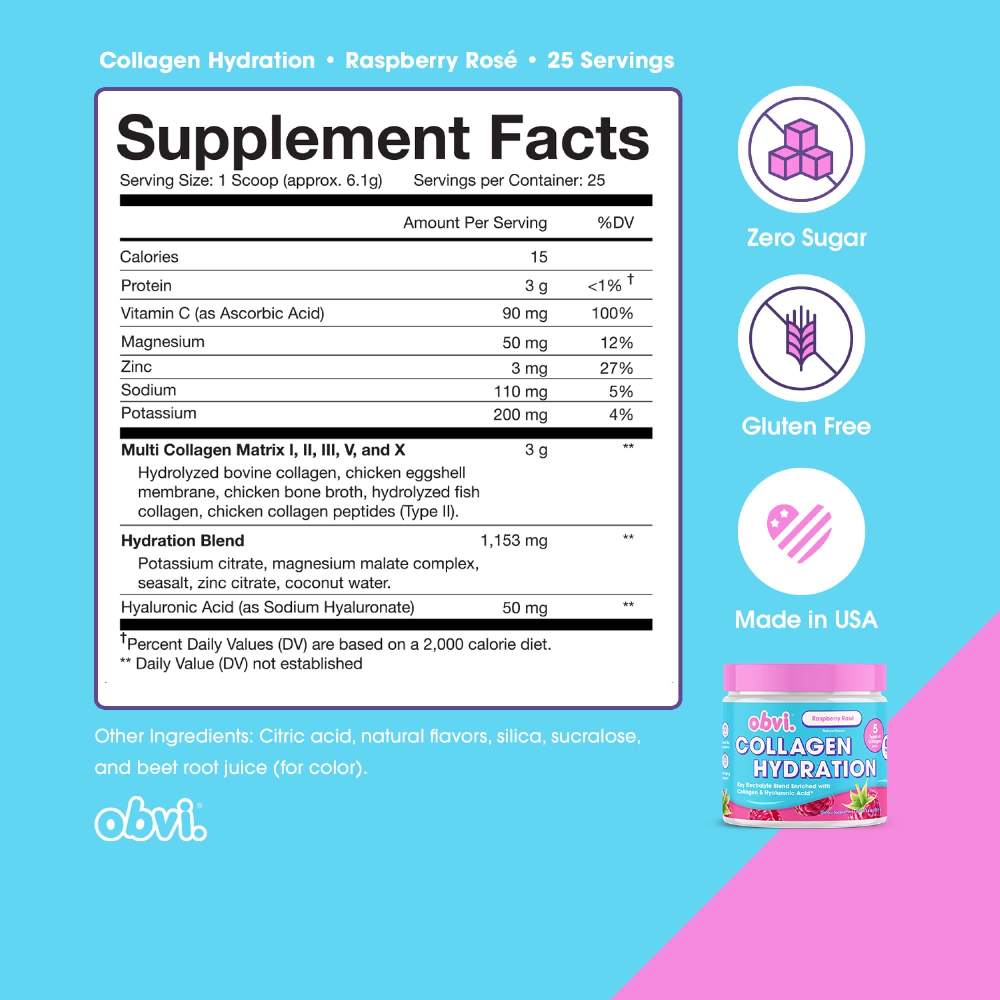 Obvi Hydration Powder | Electrolyte & Collagen Peptide Complex | 5 Types of Collagen with Hyaluronic Acid | Supports Skin Elasticity & Joint Health | Sugar-Free | Raspberry Rose, 30 Servings