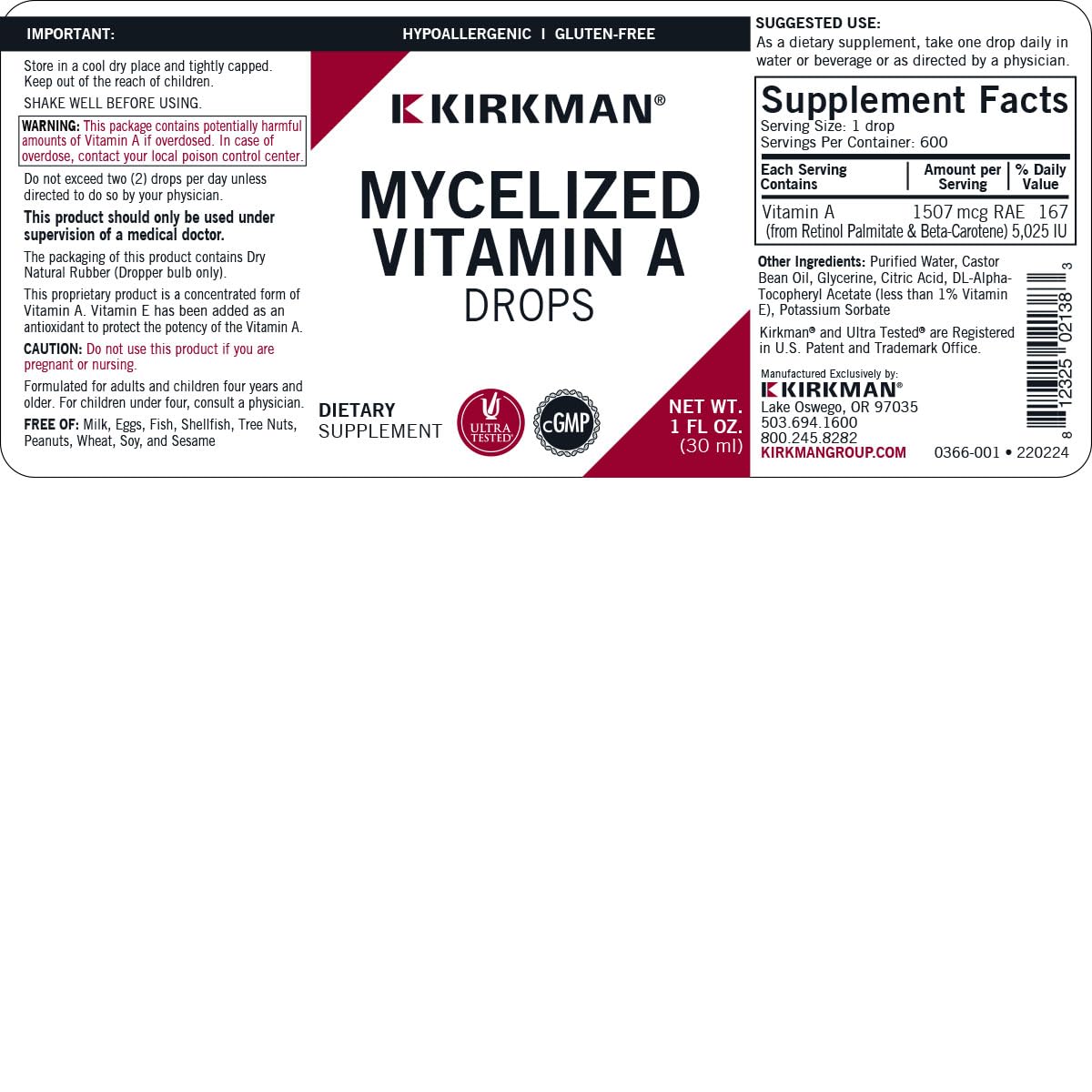 Kirkman - Mycelized Vitamin A Liquid - 30ml - Essential Vitamin - Supports Immune Health - Hypoallergenic