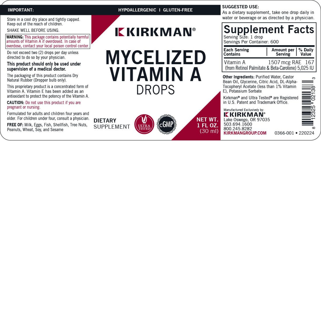Kirkman - Mycelized Vitamin A Liquid - 30ml - Essential Vitamin - Supports Immune Health - Hypoallergenic