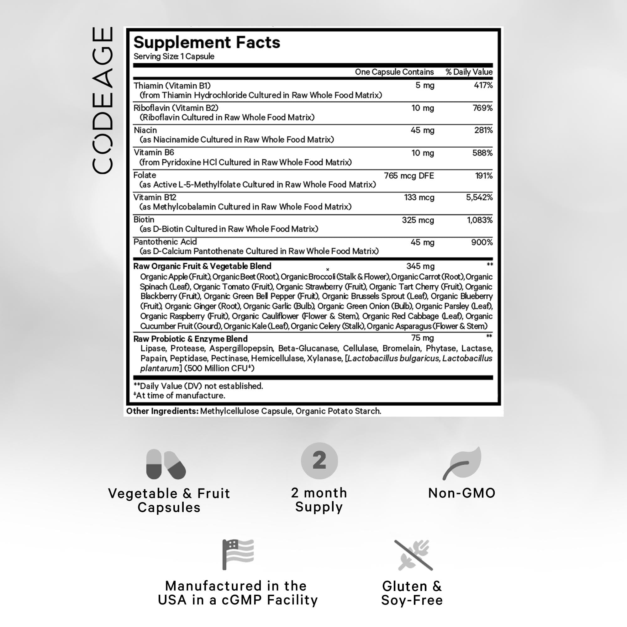 Codeage Raw Vitamin B-Complex Supplement - Essential B Vitamins with Probiotics, Digestive Enzymes, Fruits & Vegetables - 2-Month Supply - Methylfolate - Biotin - Vitamin B12 - Non-GMO - 60 Capsules