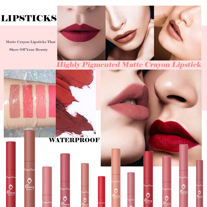 3 Piece Matte Lipstick Set - Natural Nude Velvet, Moisture Smooth Crayon, 24hr Waterproof Lip Gloss for Women