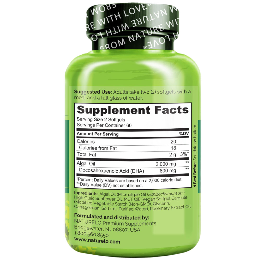 NATURELO Vegan DHA - Omega 3 Oil from Algae - Supplement for Brain, Heart, Joint, Eye Health - Provides Essential Fatty Acids for Women Men and Kids - Complements Prenatal Vitamins - 120 Softgels
