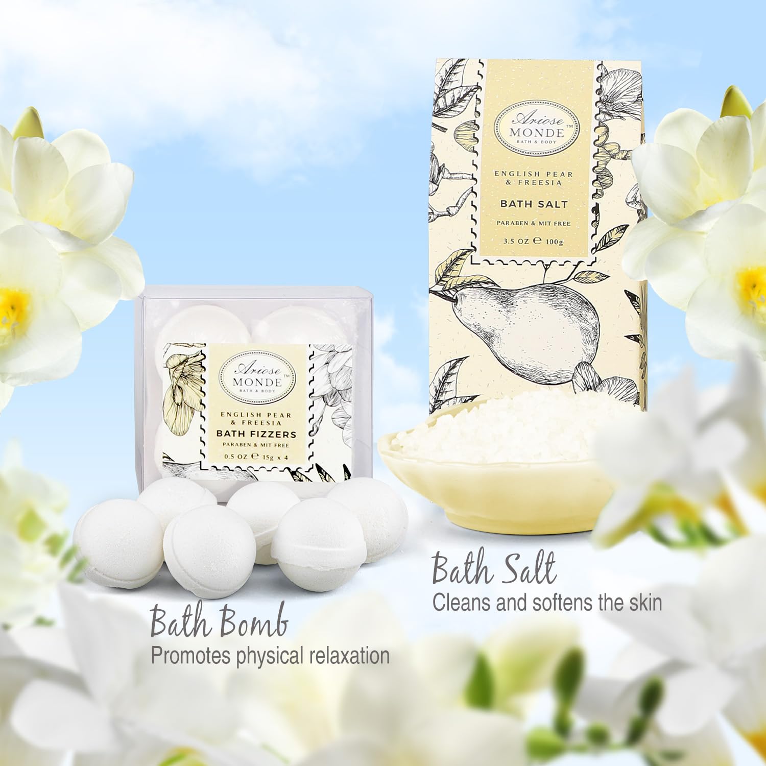 Bath & Shower Spa Gift Basket Set, with English Pear & Freesia Fragrance Bath Gift Basket for Women & Men Includes Body Lotion, Shower Gel, Bath Salts, Bubble Bath, Body Scrub and More, 8 Pcs