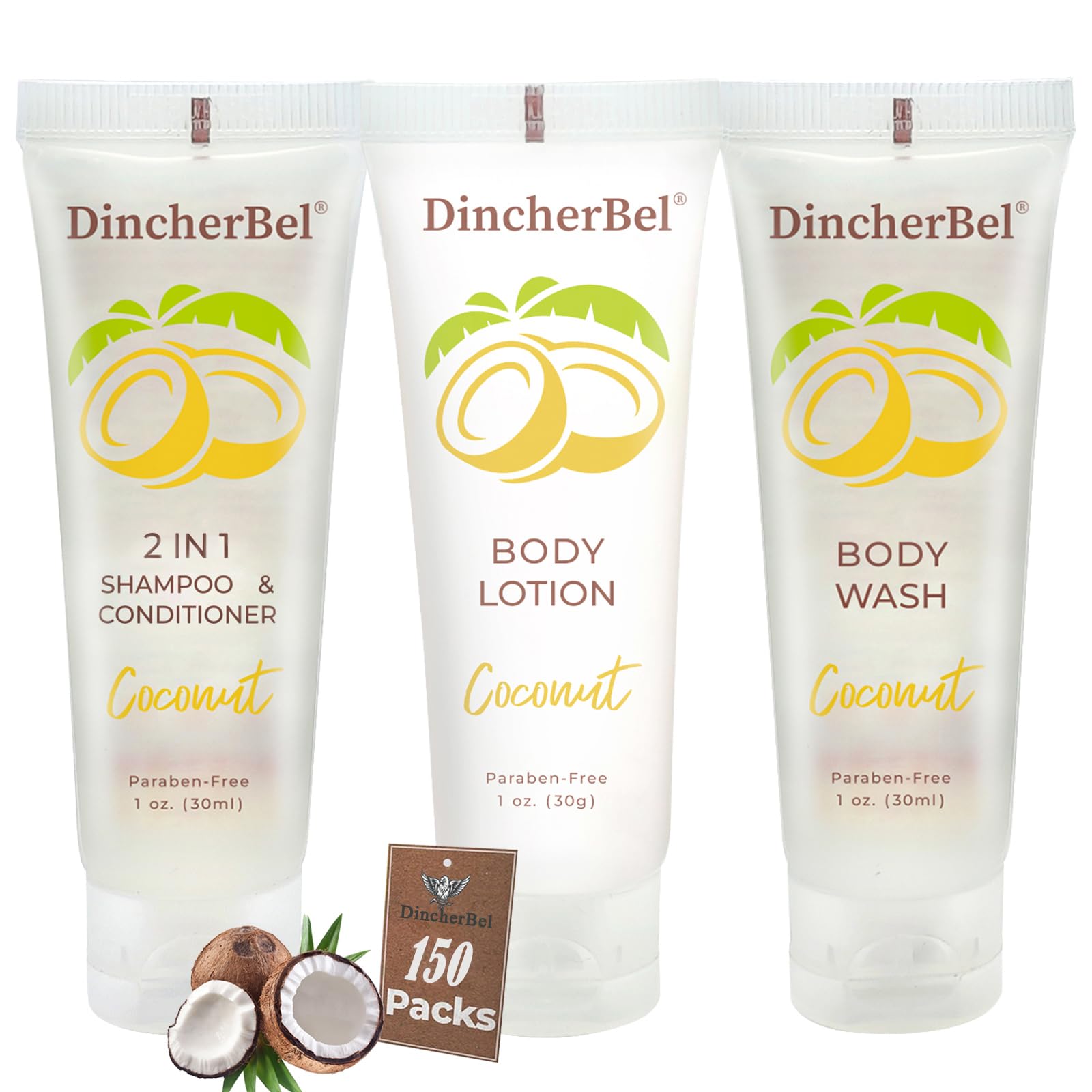 Travel Size Toiletries Kits, Bulk Mini Hotel Guest Amenities (Tropical Coconut, 1oz each), 3-Piece Sets Refreshing Coconut Scent - 50 Shampoo & Conditioner 2 in 1, 50 Body Wash and 50 Body Lotion
