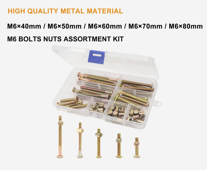 binifiMux Baby Bed Crib Screws Hardware Replacement Parts, 50pcs M6 x 40mm/ 50mm/ 60mm/ 70mm/ 80mm Hex Socket Cap Bolts Barrel Nuts Set for Crib Cot Chairs Bed Furniture,Zinc Plated