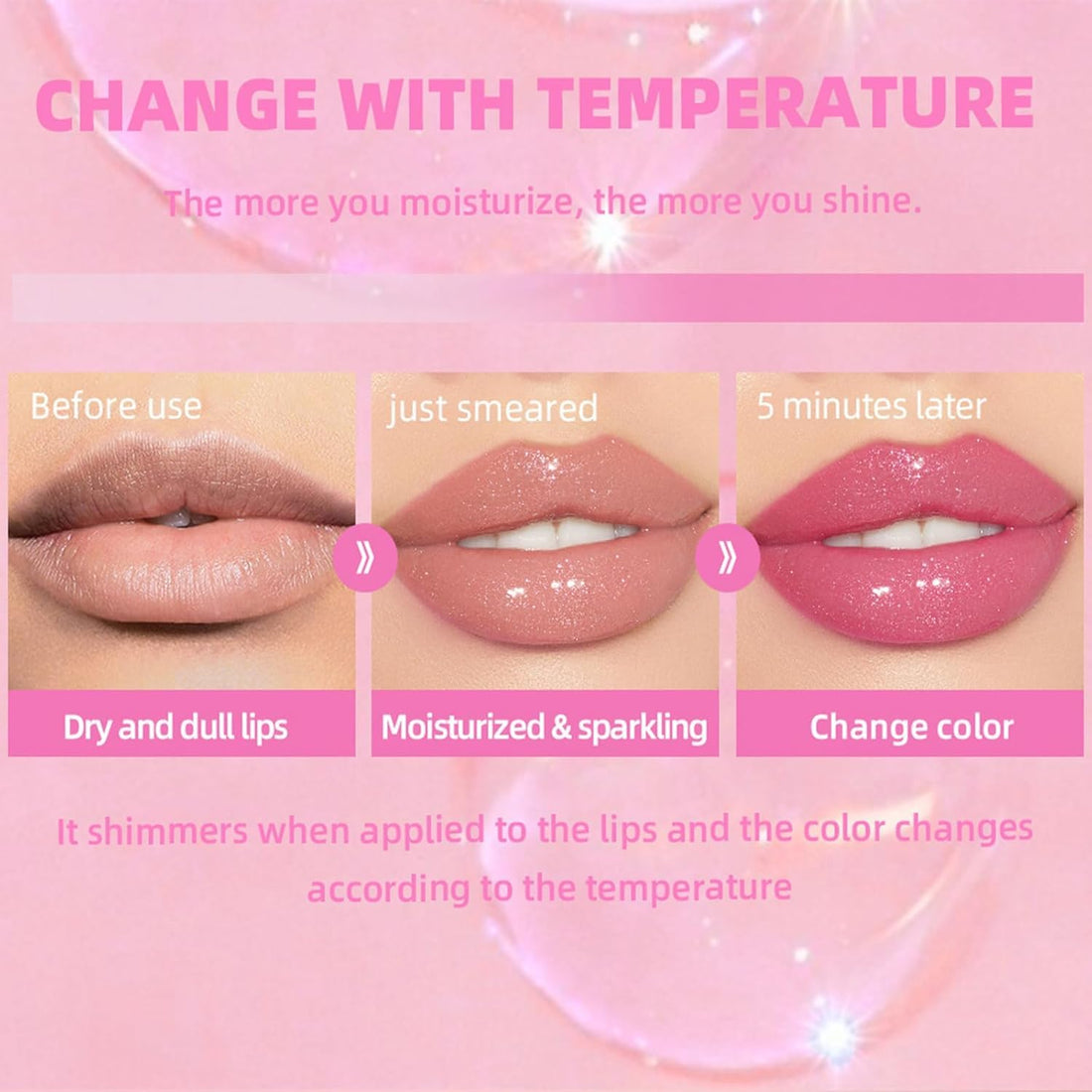 Color Changing Lip Oil PH,Warm Change Glitter Lip Gloss,Magic Big Brush Color Changing Lip Oil,Long Lasting Nourishing Lip Glow Oil Non-sticky Primer Lip Tint