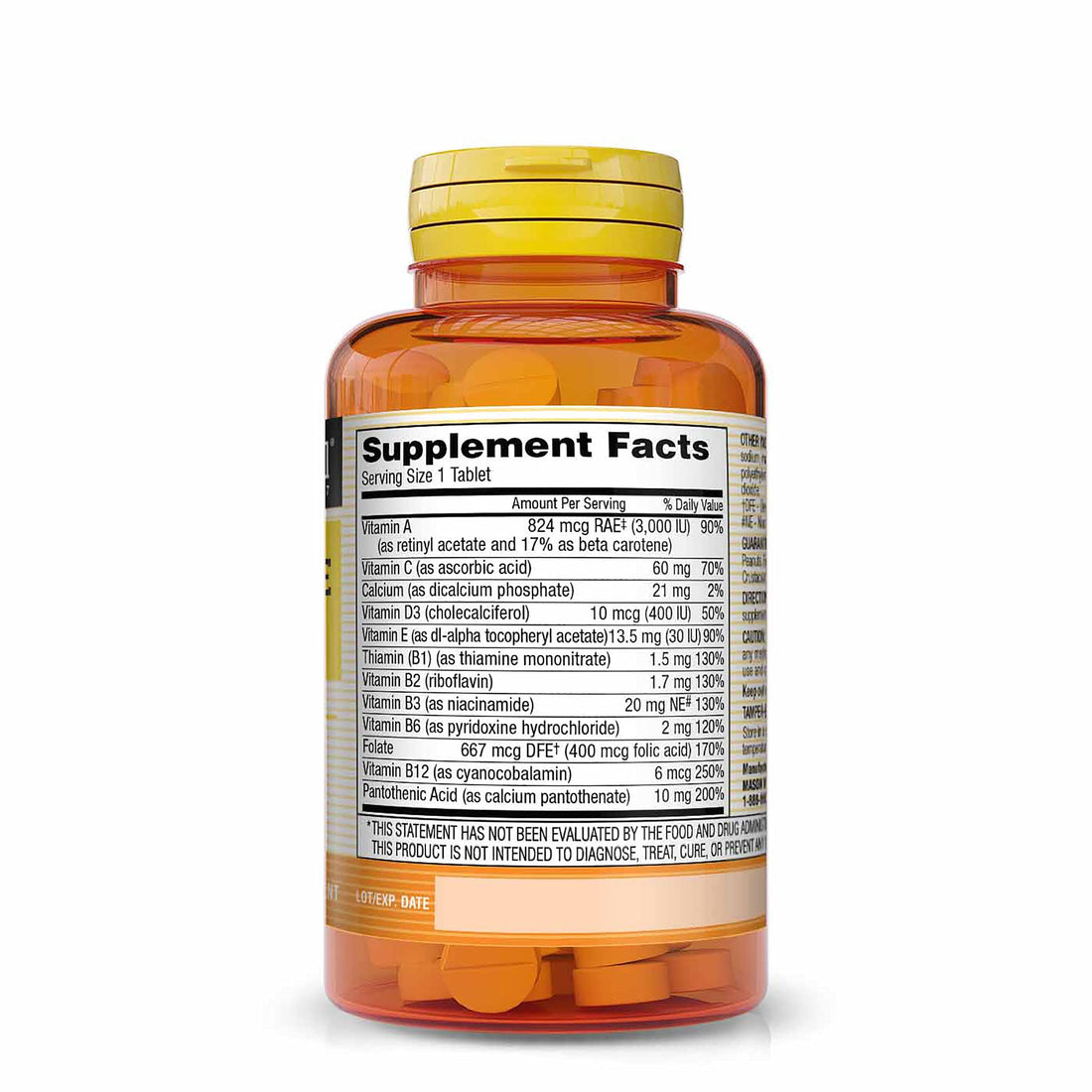 Mason Natural Daily Multiple Vitamins - Vitamins A, C, D3, E, B1, B2, B3, B6, B12, Folate and Calcium for Overall Health, 100 Tablets