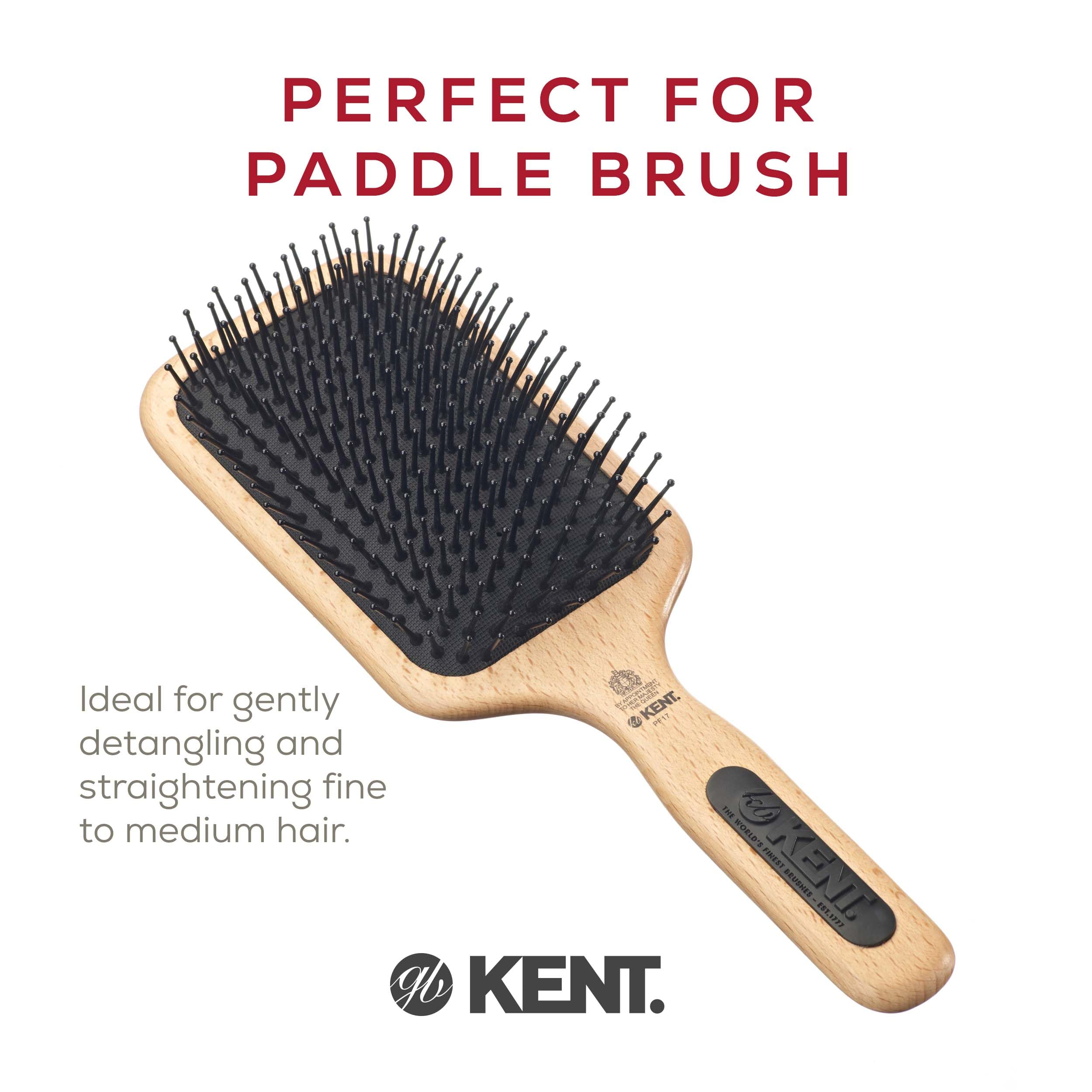 Kent PF17 Large Cushion Paddle Brush, Taming Fine Pins Hair - Detangling Long, Thick, Curly Hair, Scalp Massager, Growth Stimulator. Wet or Dry Use. Made in England