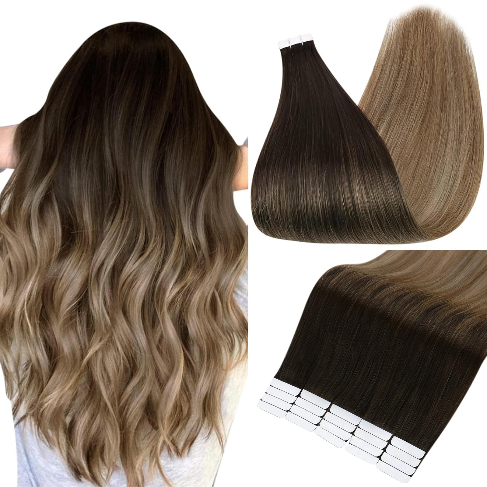 Full Shine 22 Tape in Hair Extensions Human Hair Ombre Balayage Hair Extensions Color #2 Fading to #6 and #18 Ash Blonde Highlighted Extensions Real Hair Glue in Extensions 50g 20Pcs Per Package