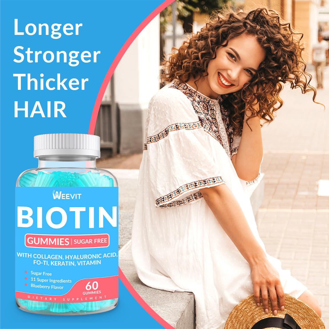 WEEVIT Sugar-Free Biotin Gummies, Biotin and Collagen Gummies with Keratin, Hyaluronic Acid for Hair Growth, Vitamin B7 Supplement Biotin Chewables for Women Men