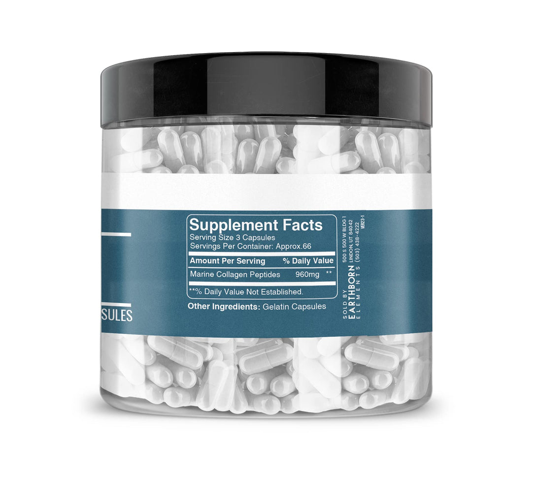 Earthborn Elements Collagen Peptides (200 Capsules) Hydrolyzed Fish Collagen, Non-GMO, Scent-Free, Bioavailable (960 mg Serving)