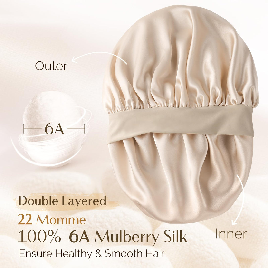 Yanibest 22 Momme 100% Mulberry Silk Bonnet for Sleeping Women Double Layer Sleep Bonnet with Tie for Long Curly Hair,Silk Sleep Cap