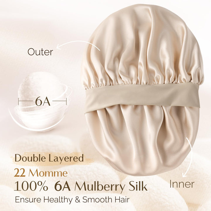 Yanibest 22 Momme 100% Mulberry Silk Bonnet for Sleeping Women Double Layer Sleep Bonnet with Tie for Long Curly Hair,Silk Sleep Cap