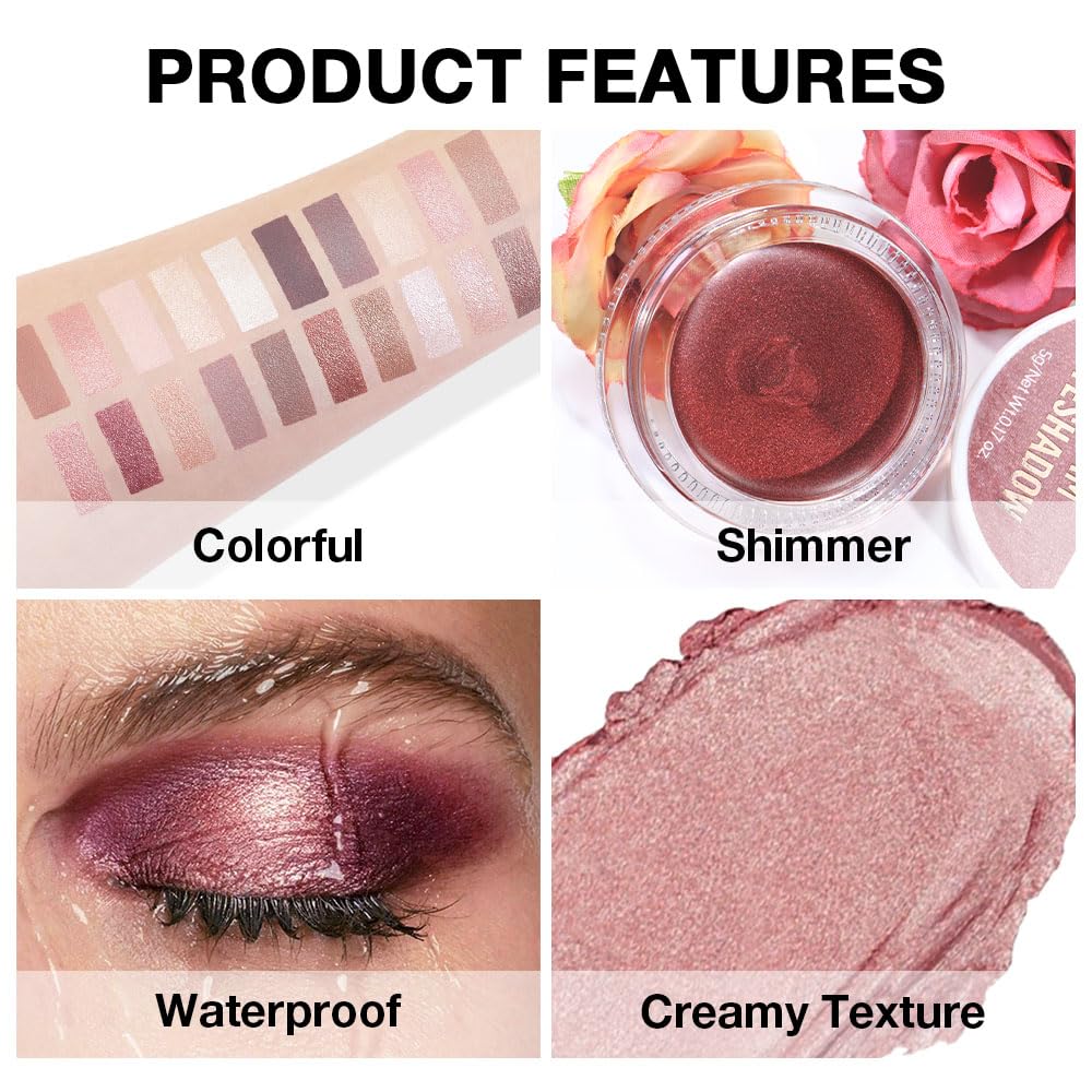 Kaely Single Cream Eyeshadow Pot, Rose Shimmer Highly Pigmented Monochrome Eye Shadow Palette Makeup, Waterproof Natural Mini Eyeshadow Brightener, sombras en crema para ojos, Blendable, 27