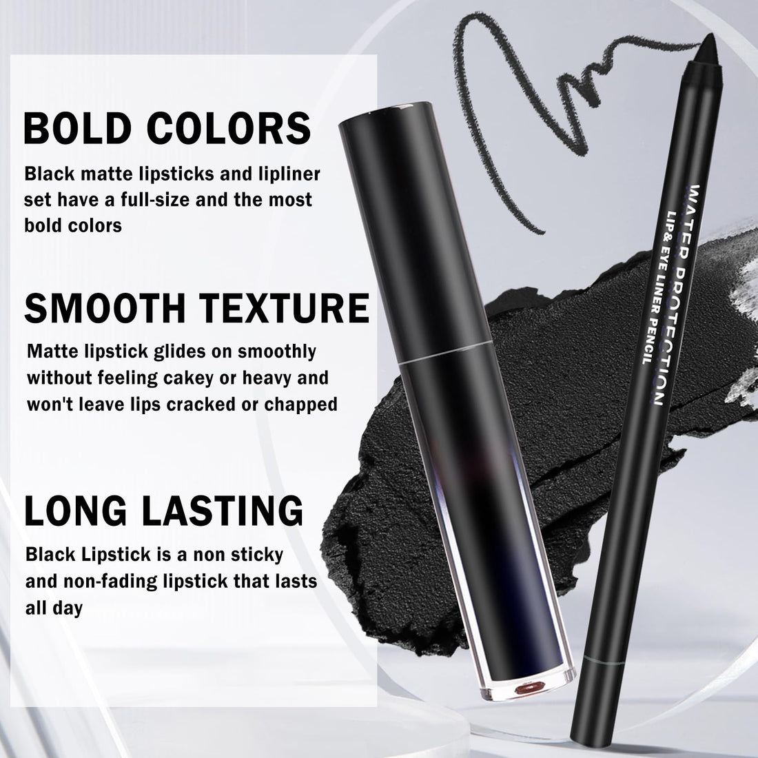 AOAZXBB Black Lipstick Black Lip Liner Set Matte Lipstick 2PCS Long Lasting Lip Stain and Lip Liner Set for Halloween Cosplay Goth Makeup