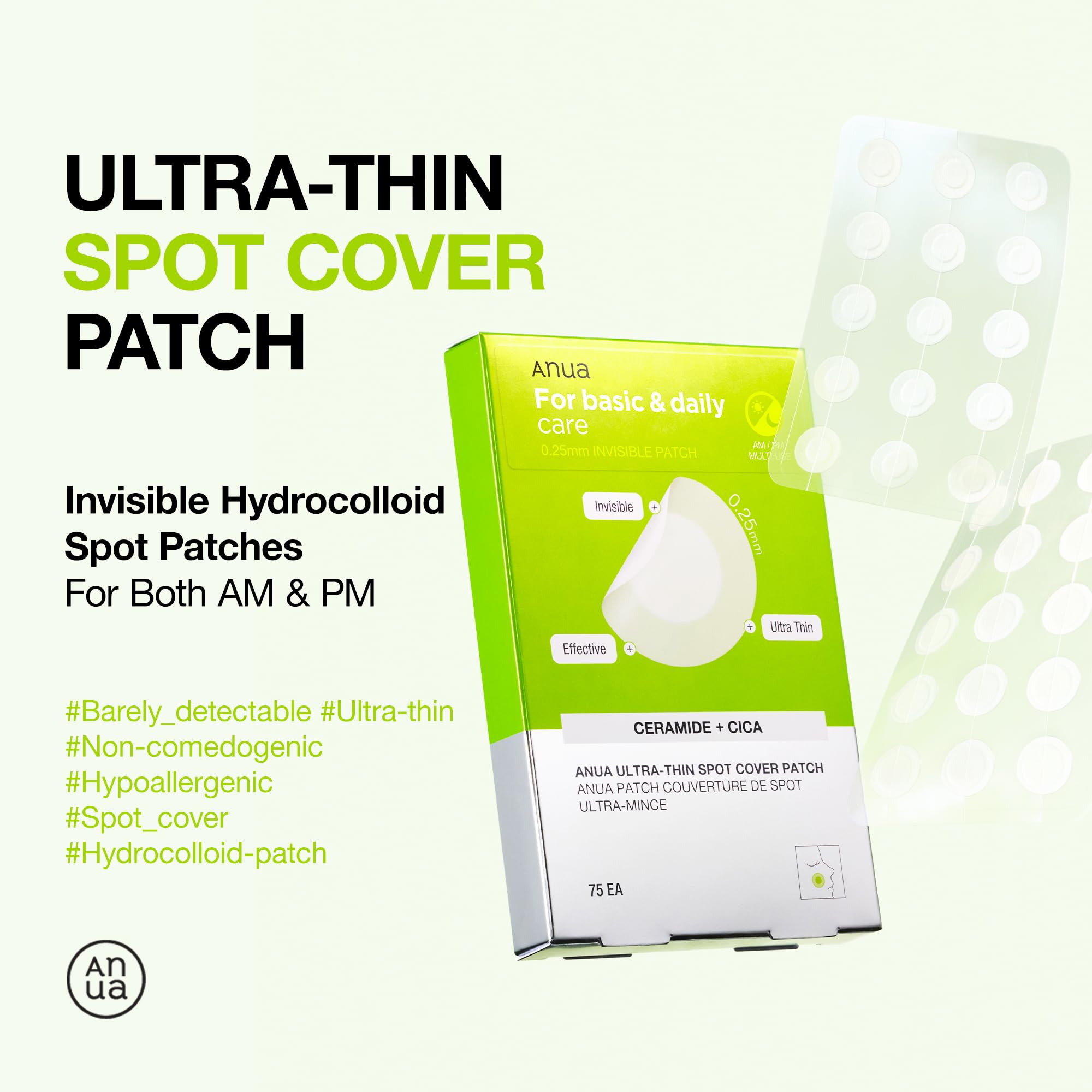ANUA Ultra-Thin Spot Cover Patch, 2 Sizes invisible Hydrocolloid Patch for Face, Centella for area of concern, Slim Spot Stickers, Perfect coverage, Beauty & Facial Skincare Products (75 Counts)