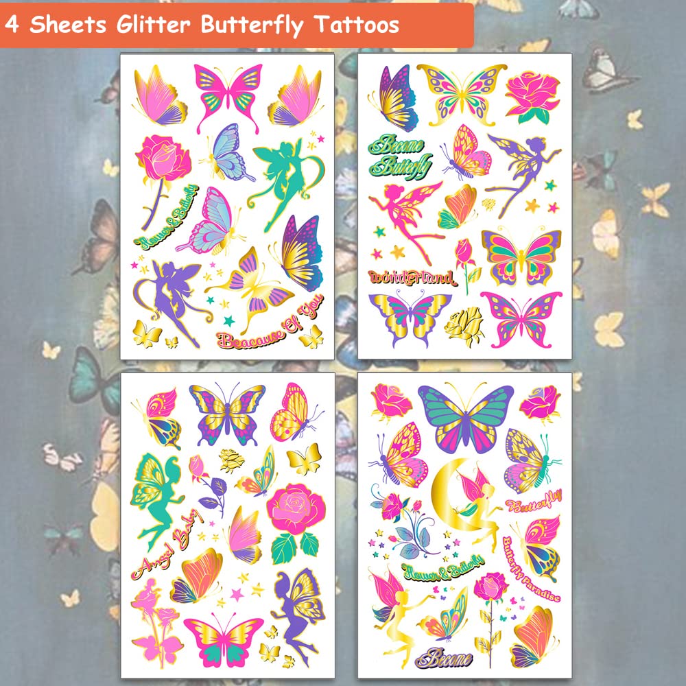 Hohamn Glitter Butterfly Tattoos for Gilrs Womens - 50 Styles Colorful Butterfly Art Tattoos for Women Girls Butterfly Party Favors