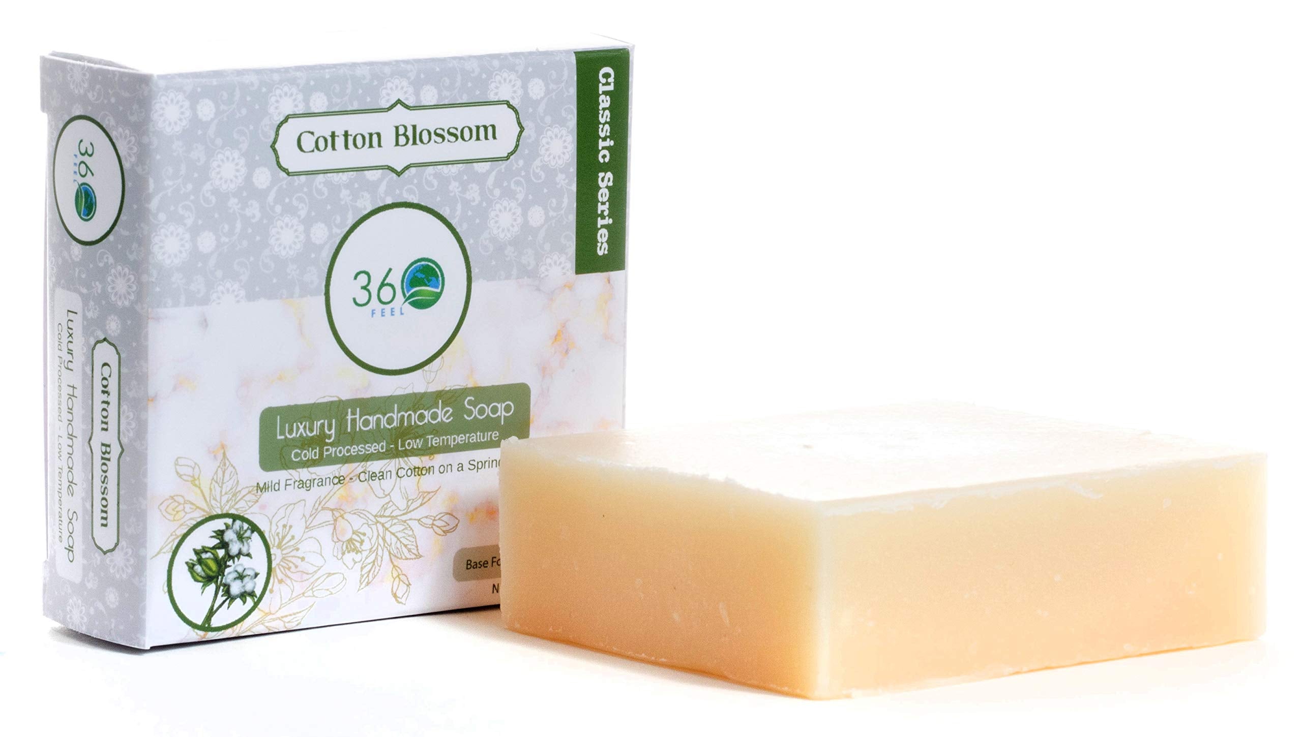 360Feel Clean cotton Soap 5 oz Castile Handmade Soaps -Refreshing Spring scent- Essential Oil Natural Mans Soap bar- Anniversary Wedding Gifts- Made in USA-Gift ready Cotton Blossom
