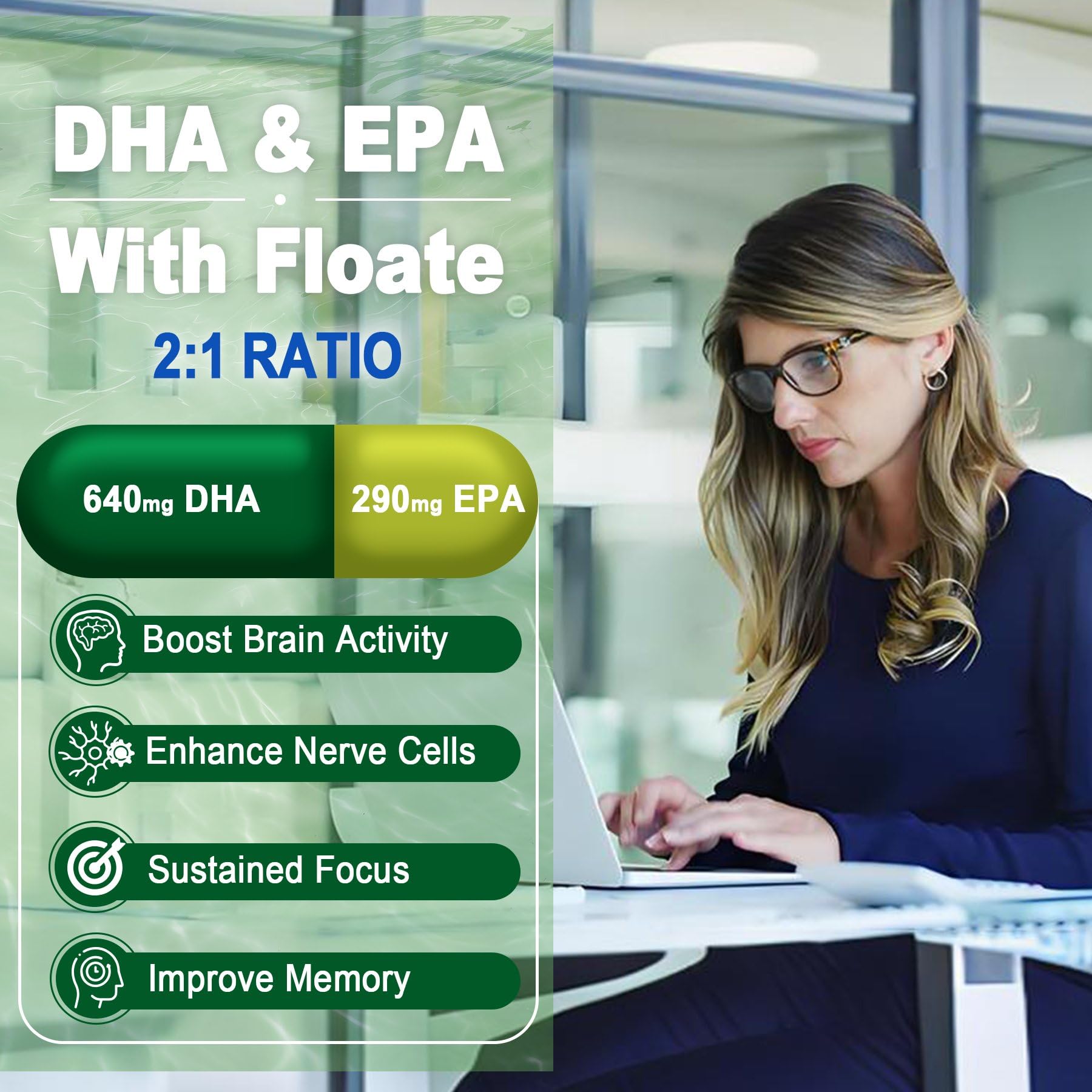 Vegan Omega 3 Supplement Gummies 1100mg, Algae DHA 640mg & EPA 290mg from Marine, with CoQ10, Astaxanthin, Vitamin E, A, D3 for Brain, Eye, Bone, Fish Oil Supplements, Sugar Free 60 Counts