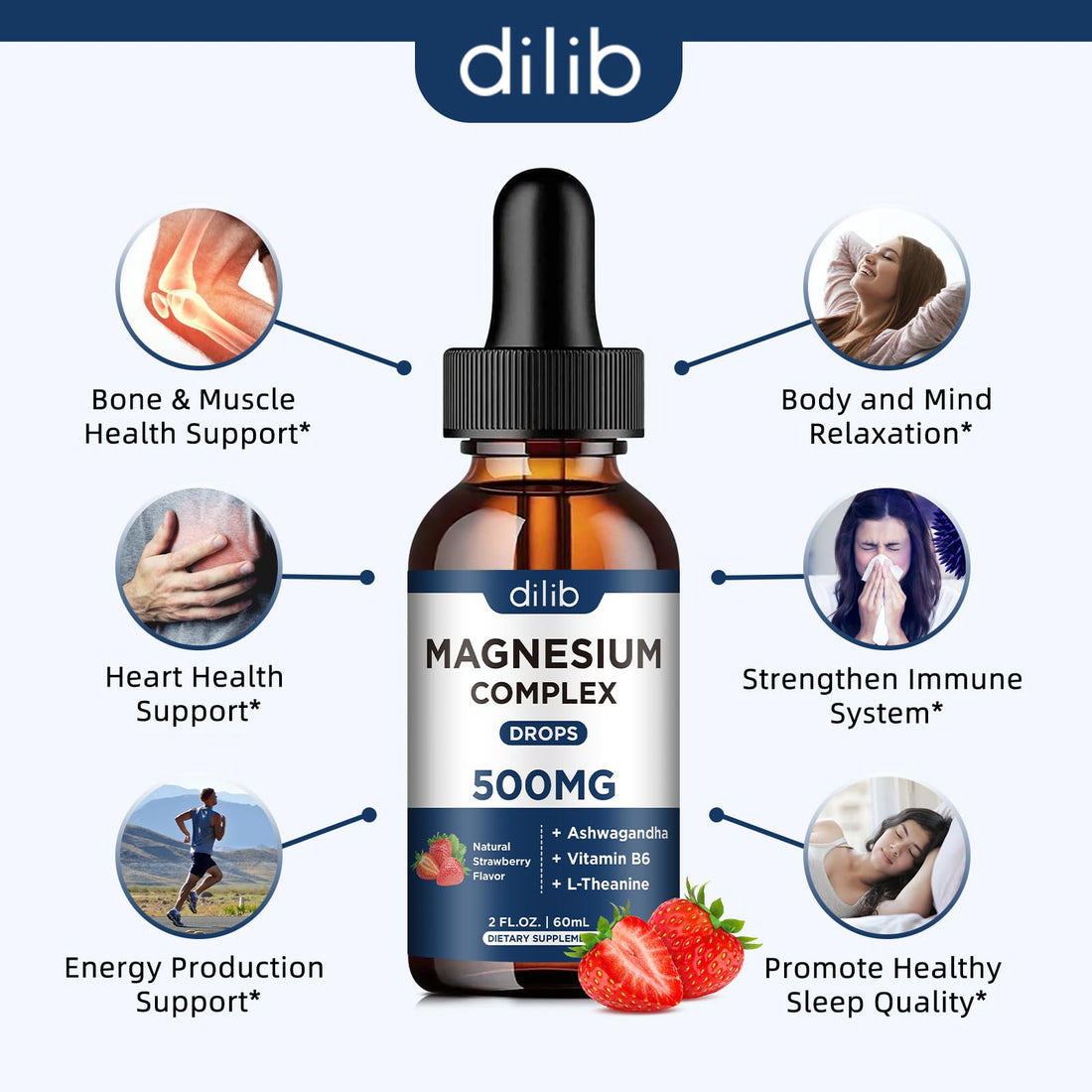 Magnesium Glycinate Liquid Drops 500mg - Triple Magnesium Complex Supplement with Citrate, Malate, Ashwagandha, L-Theanine, Vitamin B6 for Sleep, Stress Relief, Muscle, Strawberry Flavor 4 Fl Oz