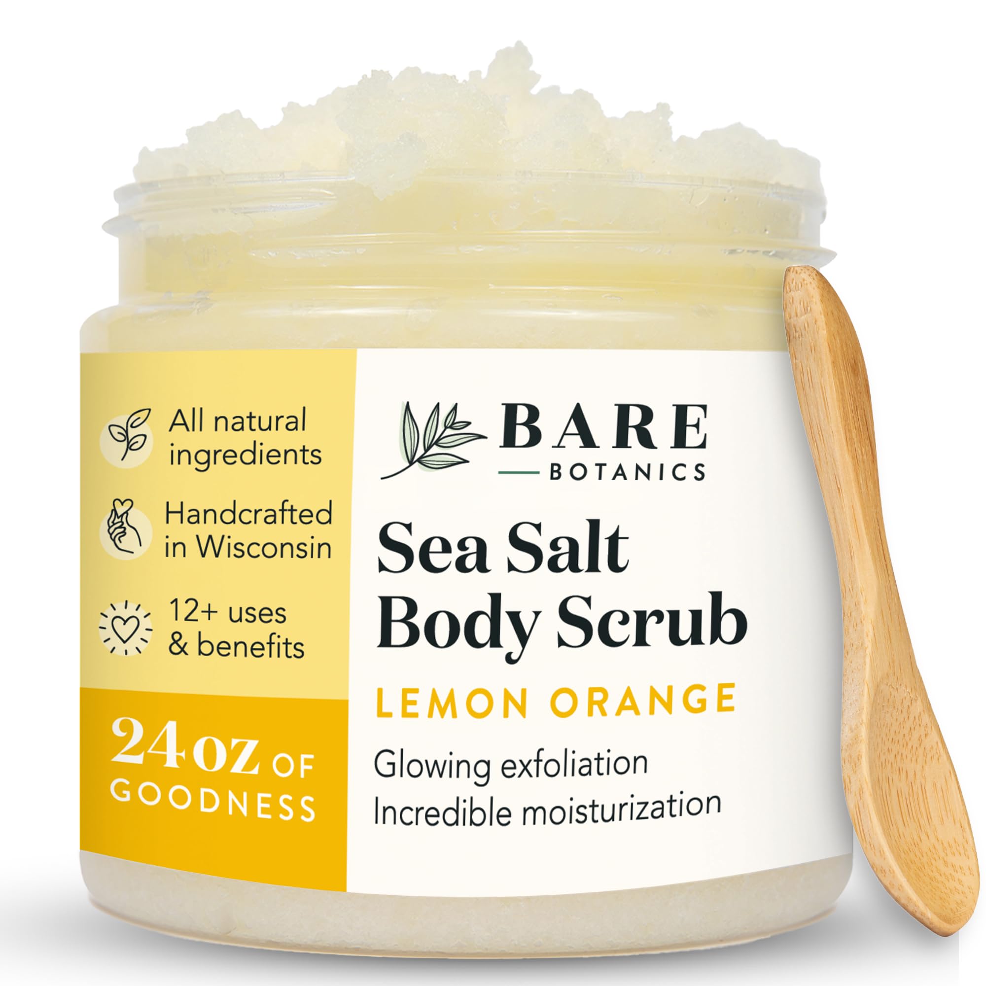 Bare Botanics Lemon Orange Body Scrub 24oz | Made in Madison, WI | All Natural Sea Salt Exfoliator w/ Skin Loving Moisturizers | Vegan & Cruelty Free | Gift Ready Packaging w/ a Cute Wooden Spoon
