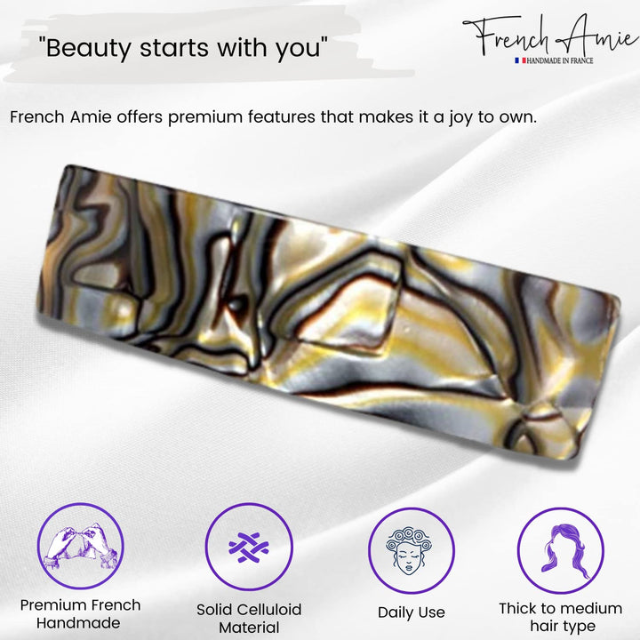 French Amie Fine Wide Rectangular Celluloid Handmade Onyx Automatic Hair Clip Barrette - Made to Last (Onyx)
