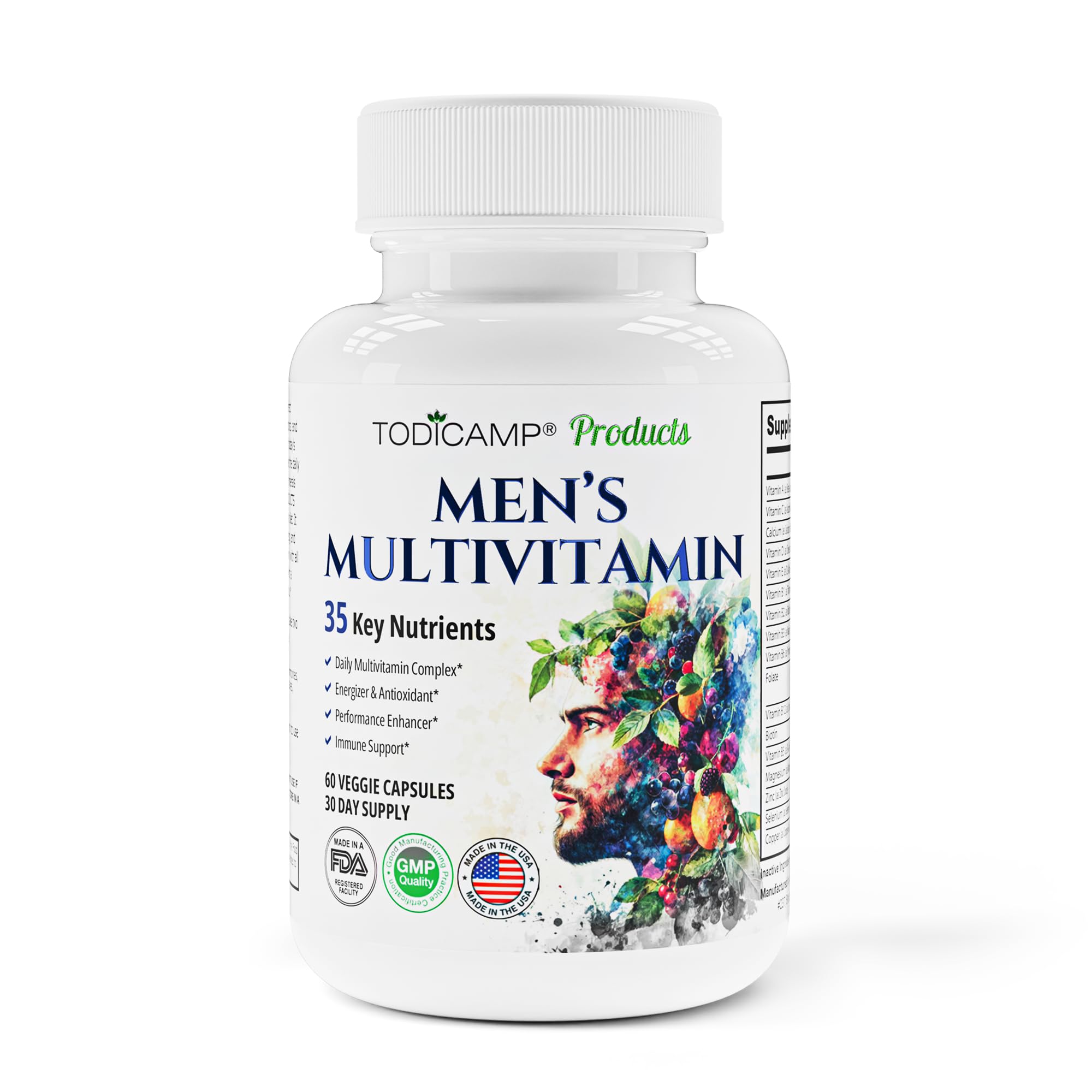 TODICAMP Men's Multivitamin & Mineral Complex with Plant-Based Extracts - Multivitamin for Men Improves Overall Health, Antioxidant & Natural Body Support - 60 Capsules - 30 Day Supply