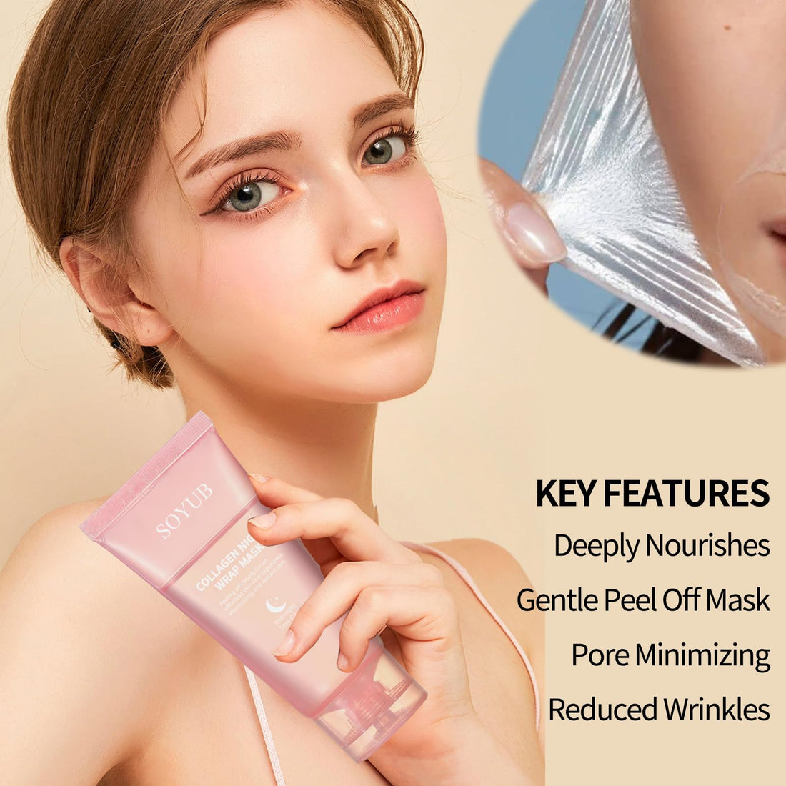 Collagen Night Wrapping Mask with Jelly Brush, Collagen Peel Off Facial Mask, Elasticity & Hydration, Natural Ingredients for Firmer Skin, Reduces Sagging & Dullness, Korean Skin Care