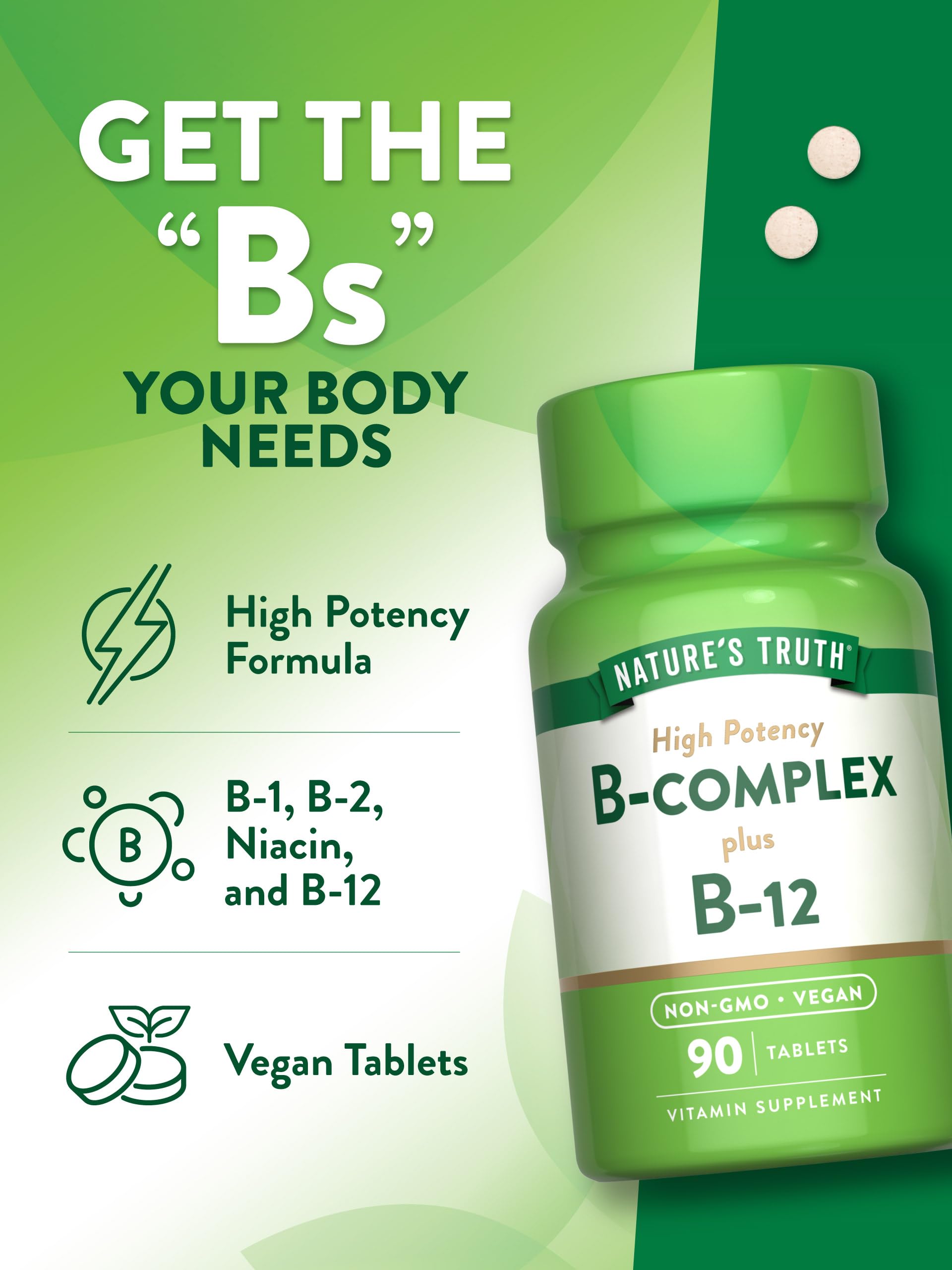 Nature's Truth Vitamin B Complex | Plus B12 | 90 Tablets | High Potency | Vegan and Non-GMO Supplement