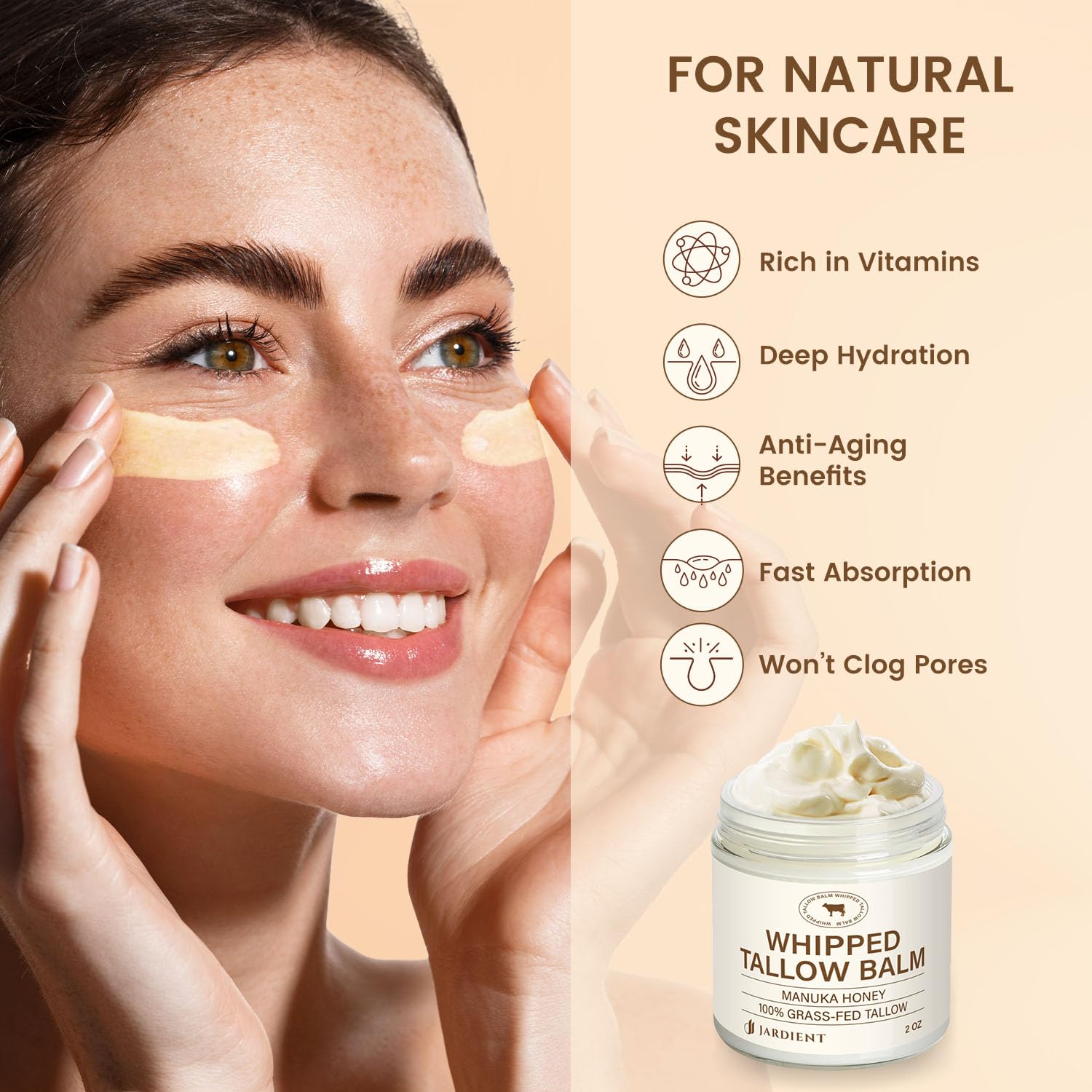 Jardient Beef Tallow Honey Balm for Skin: 100% Grass-Fed Beef Tallow Moisturizer For Face and Body - Organic Moisturizer Cream with Olive Oil Manuka Honey for Eczema and Dry Skin 2OZ