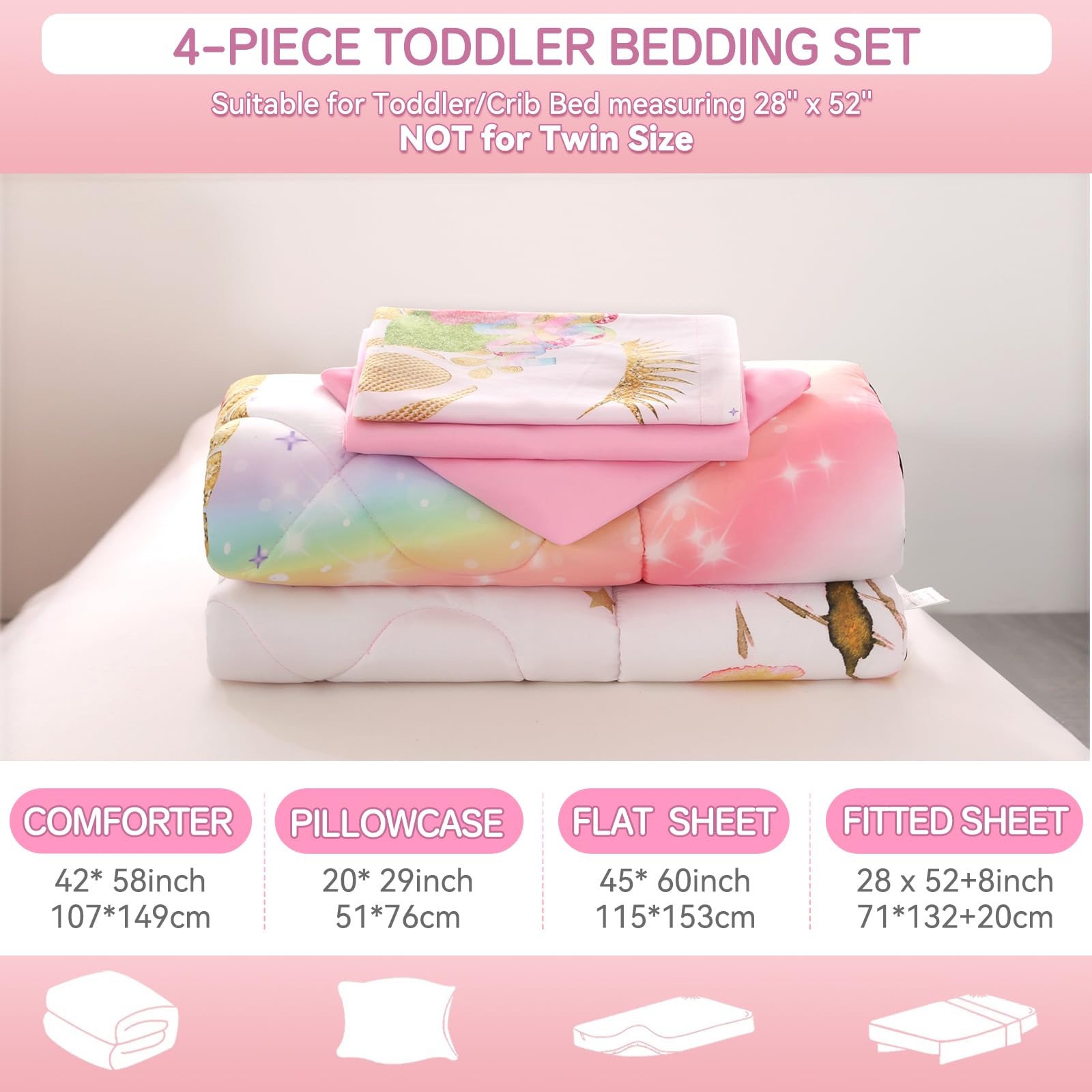 Wowelife Unicorn Toddler Bedding Set for Girls Pink 4 Piece Unicorn Bedding Toddler Bed Set Rainbow Pink White Floral Star Bed Comforter with Comforter, Flat Sheet, Fitted Sheet and Pillowcase