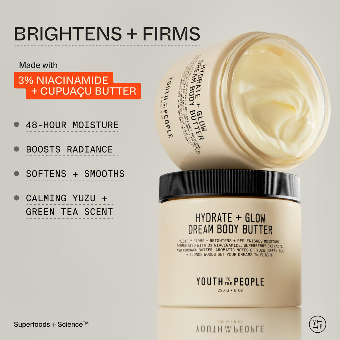 Youth To The People Superberry Hydrate + Glow Dream Body Butter, Full Size (8 fl oz), 3% Niacinamide + Jojoba Oil, Shea + Cupuaçu Butters, 48HR Moisturizer, Vegan