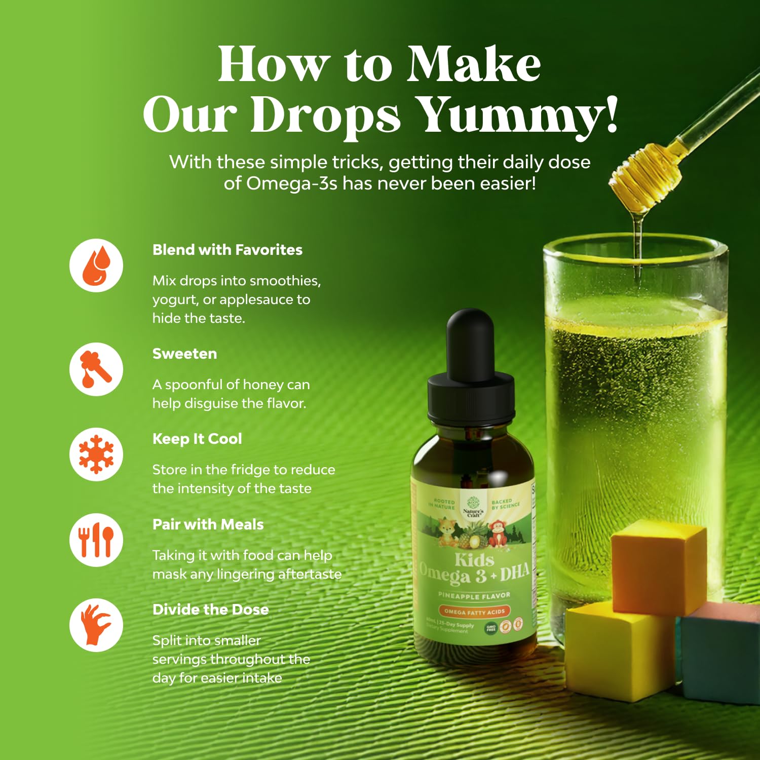 Kids DHA Omega 3 Drops - Fatty Acids Omega 3 6 9 for Brain, Immunity & Vision - Nutritional DHA for Kids for Healthy Nervous System & Focus Support - Vegan Liquid Supplement with EPA & ALA - 2 Fl Oz