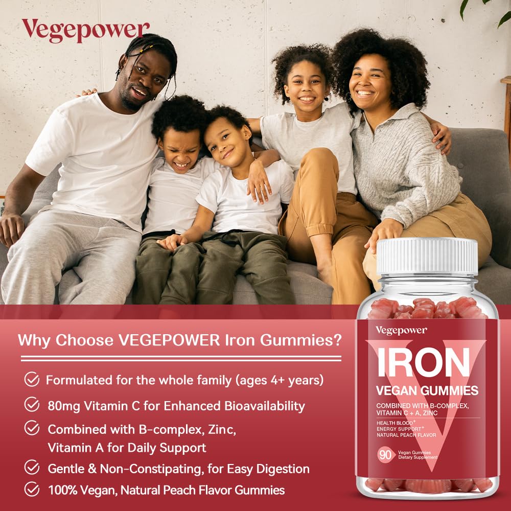 Vegan Iron Gummies Supplement - with Vitamin C, A, B-Complex, Folate, Zinc for Adults & Kids - Health Blood & Energy Support for Iron Deficiency, Anemia, No After Taste - Peach Flavor (90 Ct)