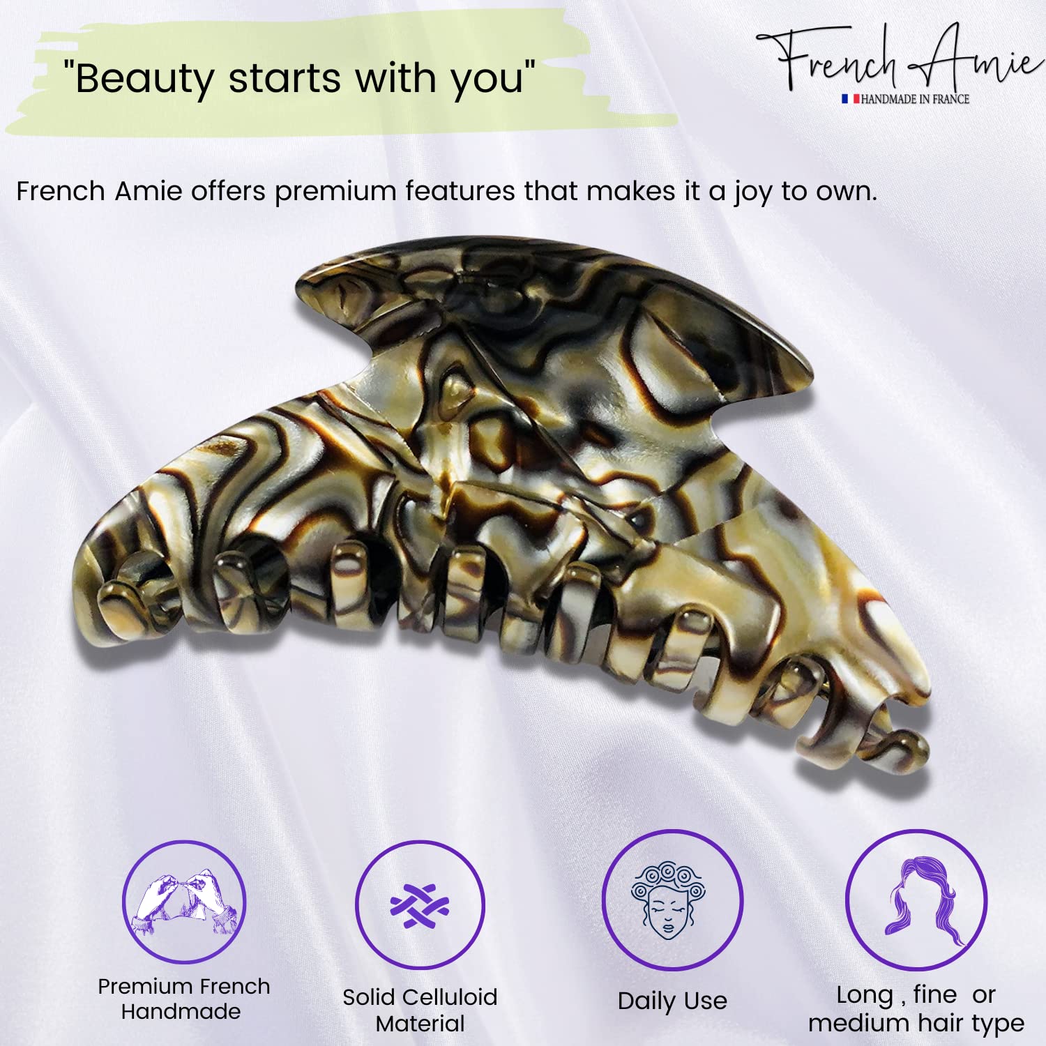 French Amie Smooth Onyx Silver Grey Medium Handmade Celluloid Jaw Hair Claw Clip Clamp Clutcher