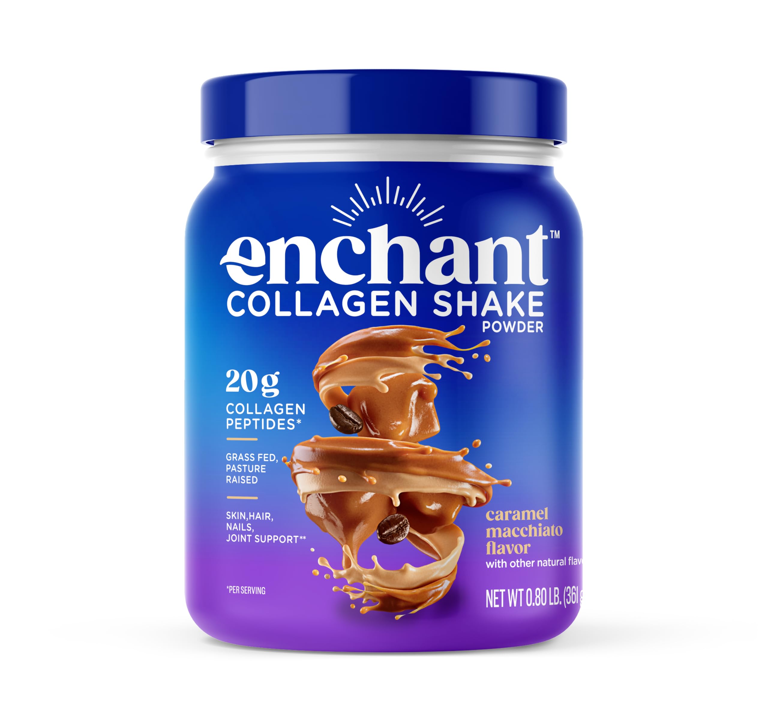 Enchant Collagen Peptides Shake Powder, Caramel Macchiato Flavor – Great Taste, 20g Grass Fed Collagen Peptides, Promotes Hair, Nail, Skin, Bone and Joint Health, 0.80 lb
