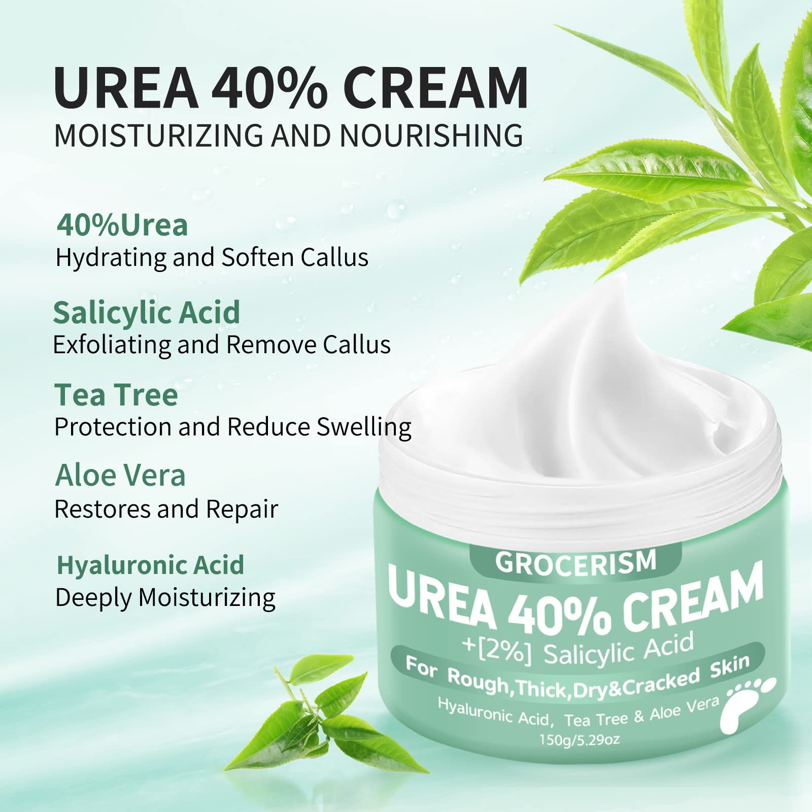 Grocerism Urea Cream 40 Percent For Feet Plus 2% Salicylic Acid 5.29 oz || Foot Cream and Hand Cream Maximum Strength with Hyaluronic Acid,Tea Tree,and Aloe Vera For Deep Moisturizes,Callus Remover