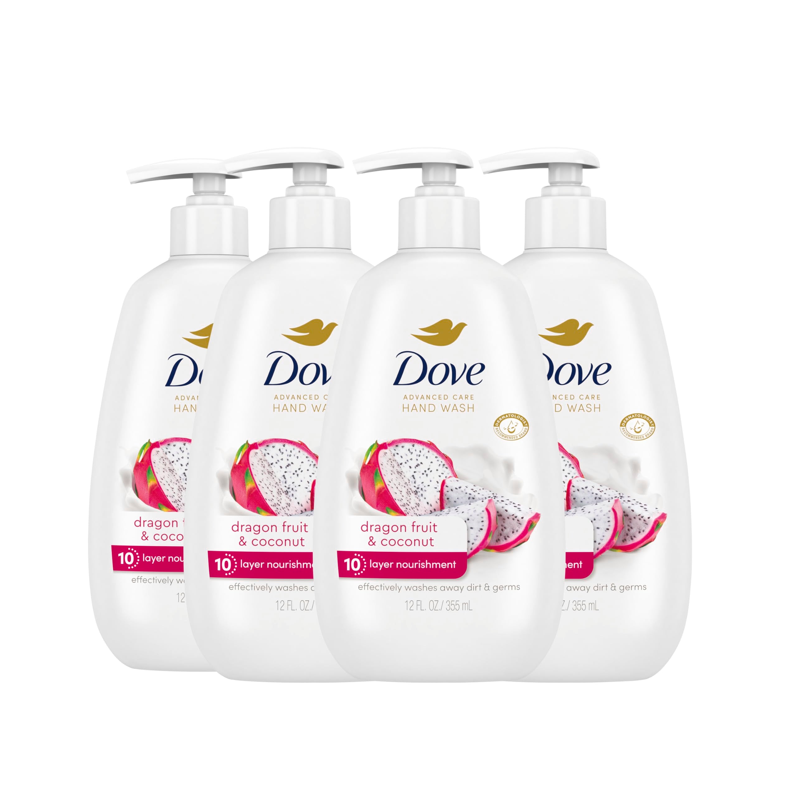 Dove Advanced Care Hand Wash 4 Count for Effectively Washing Away Dirt & Germs, Dragonfruit & Coconut with 10-Layer Nourishment