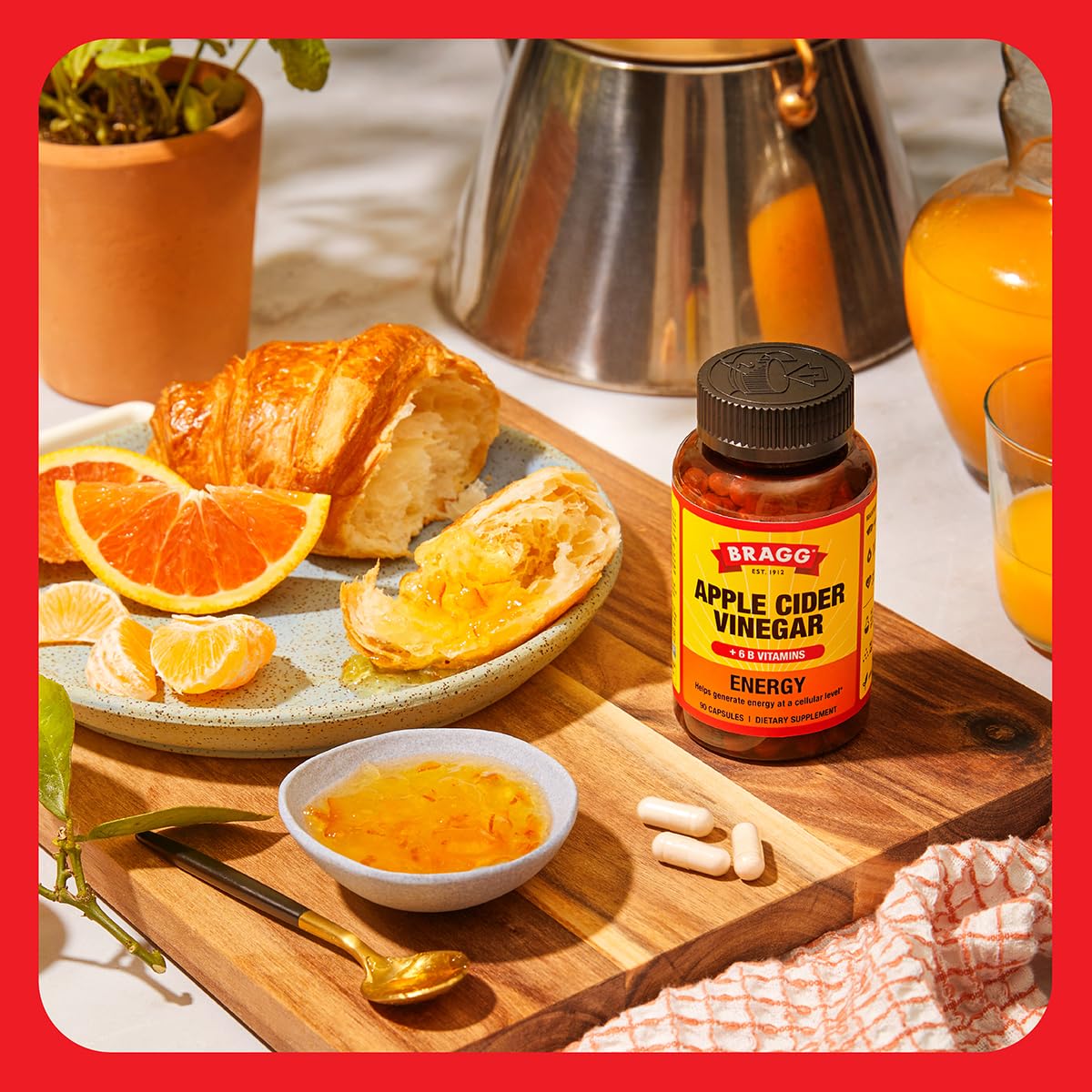 Bragg Energy Apple Cider Vinegar Capsules with B Vitamins - 90 Capsules - Helps Generate Energy at Cellular Level