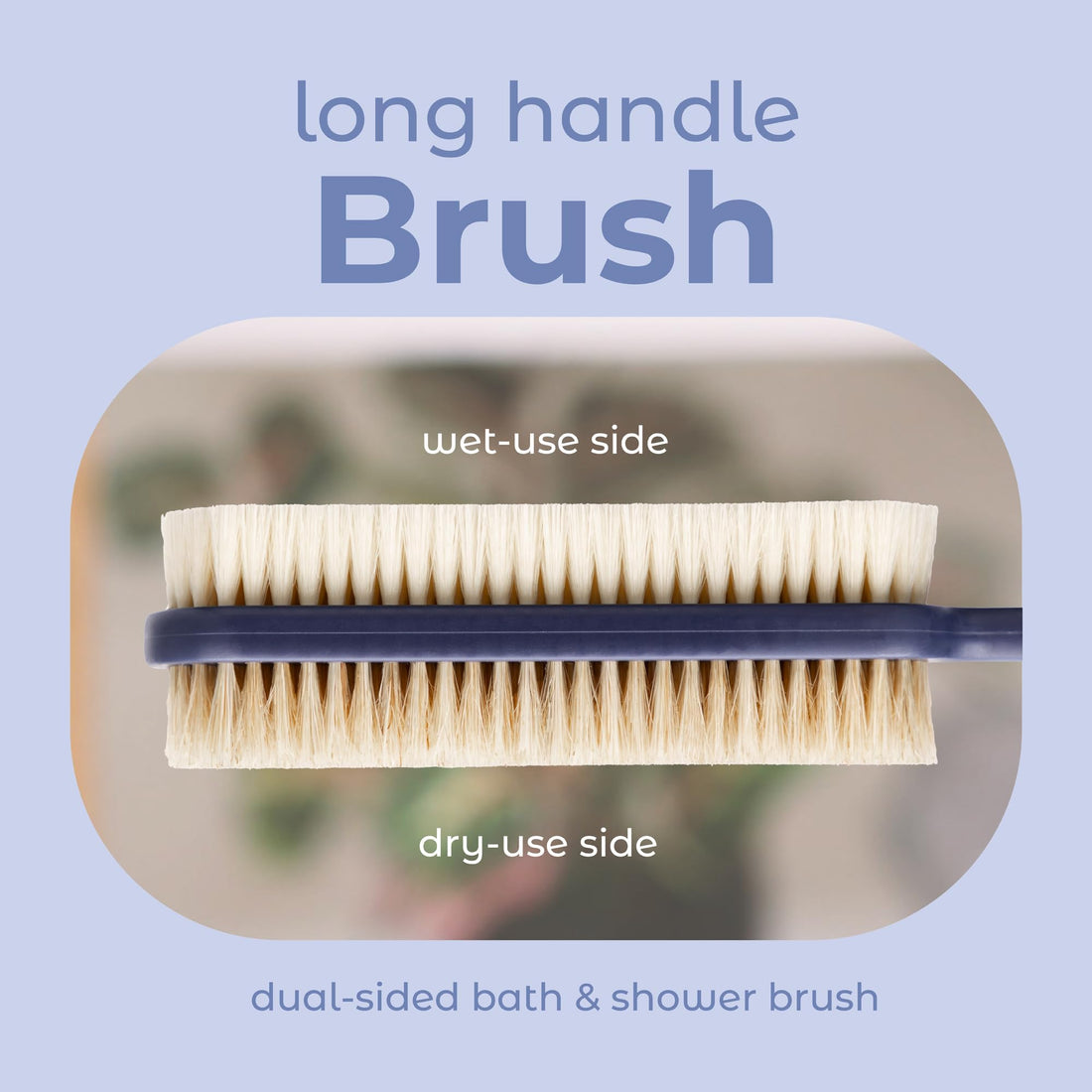 MainBasics Shower Brush Back Scrubber Dual-Sided Body Brush Long Handle with Soft and Stiff Bristles for Dry & Wet Brushing (Navy Blue)
