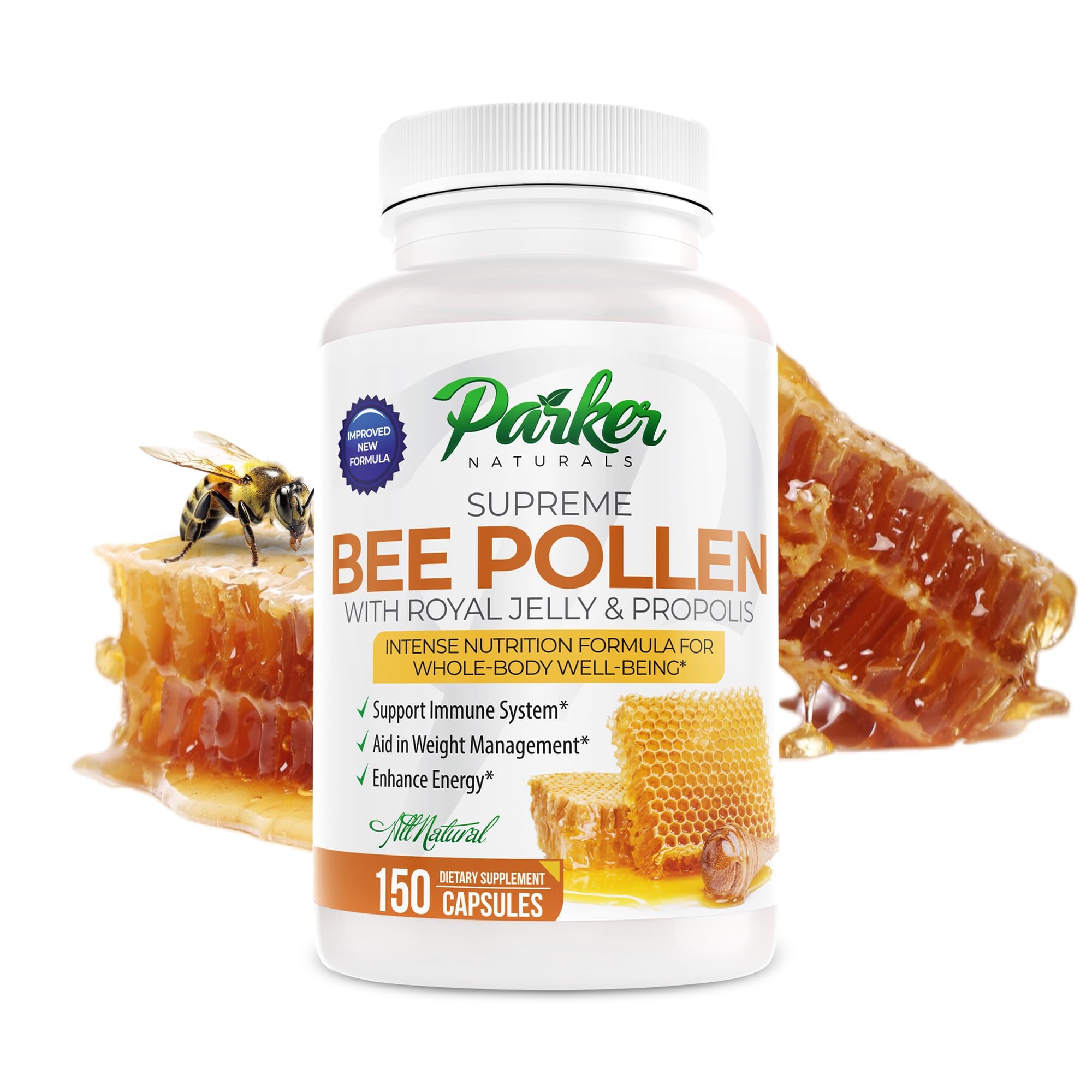 Parker Naturals Supreme Bee Pollen Capsules, 3520 mg Royal Jelly, Bee Pollen and Propolis Capsules, Natural Supplement for Adults, 150 Count